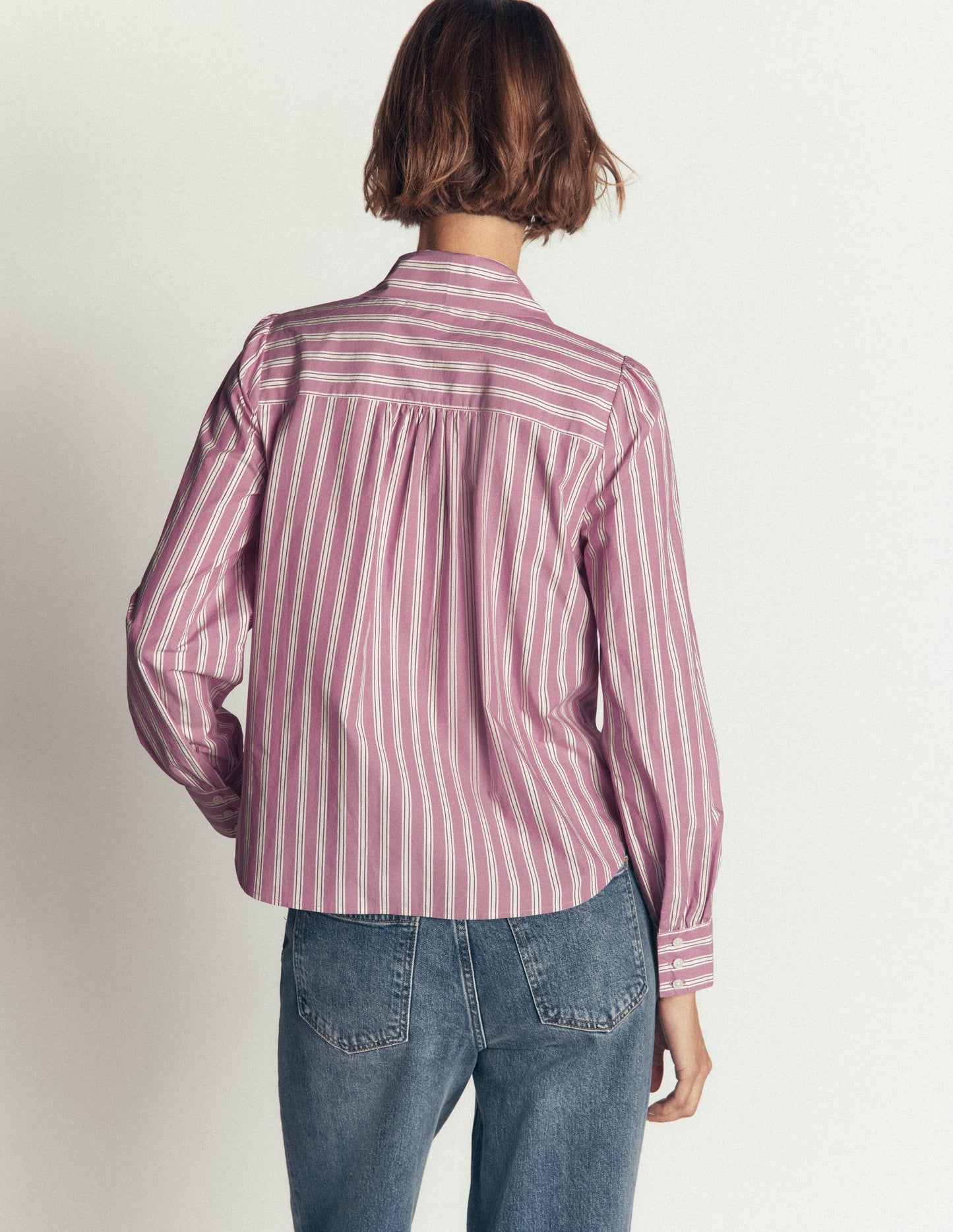 Clara Tie Neck Shirt-Pink, Maroon Tram Stripe