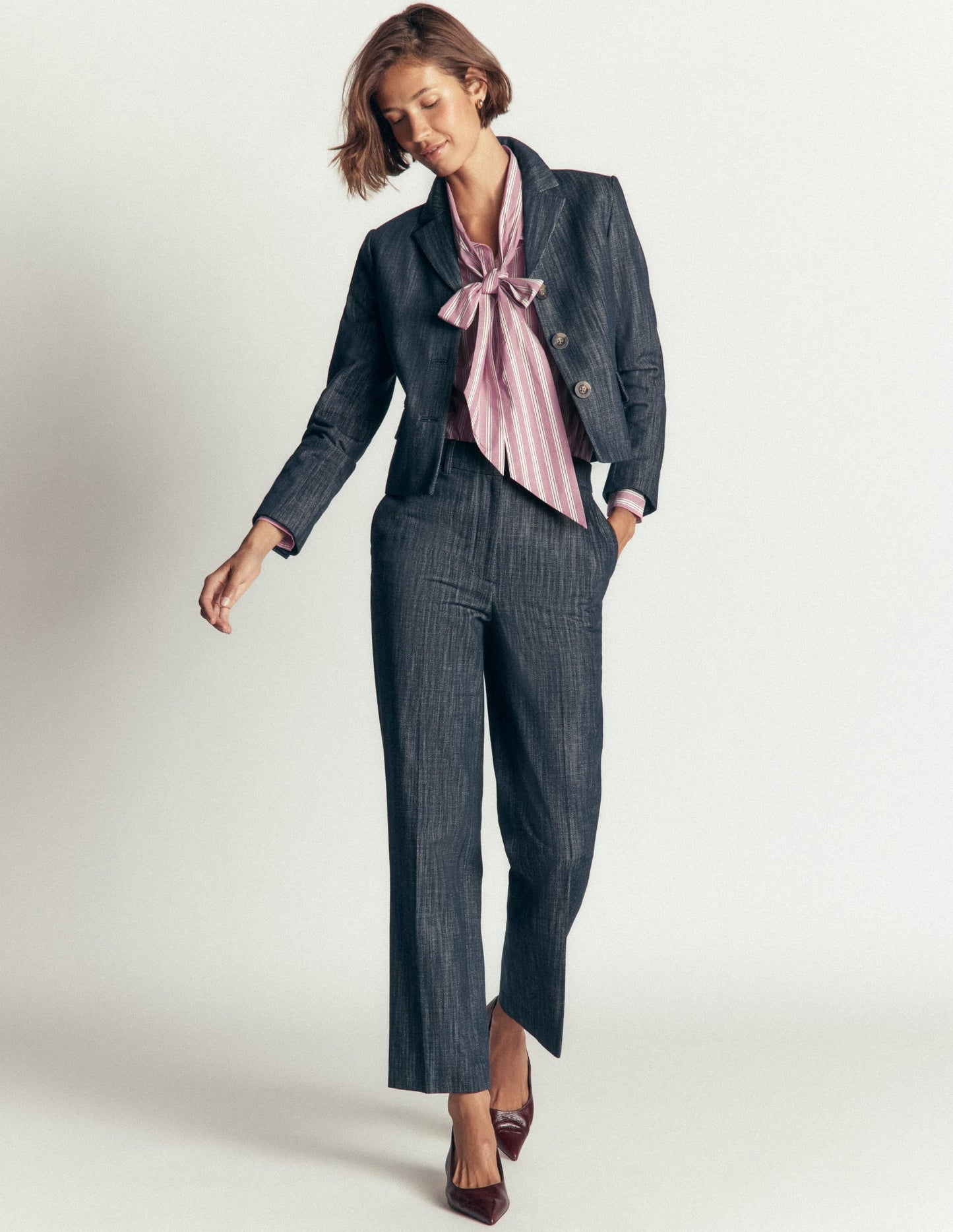 Clara Tie Neck Shirt-Pink, Maroon Tram Stripe