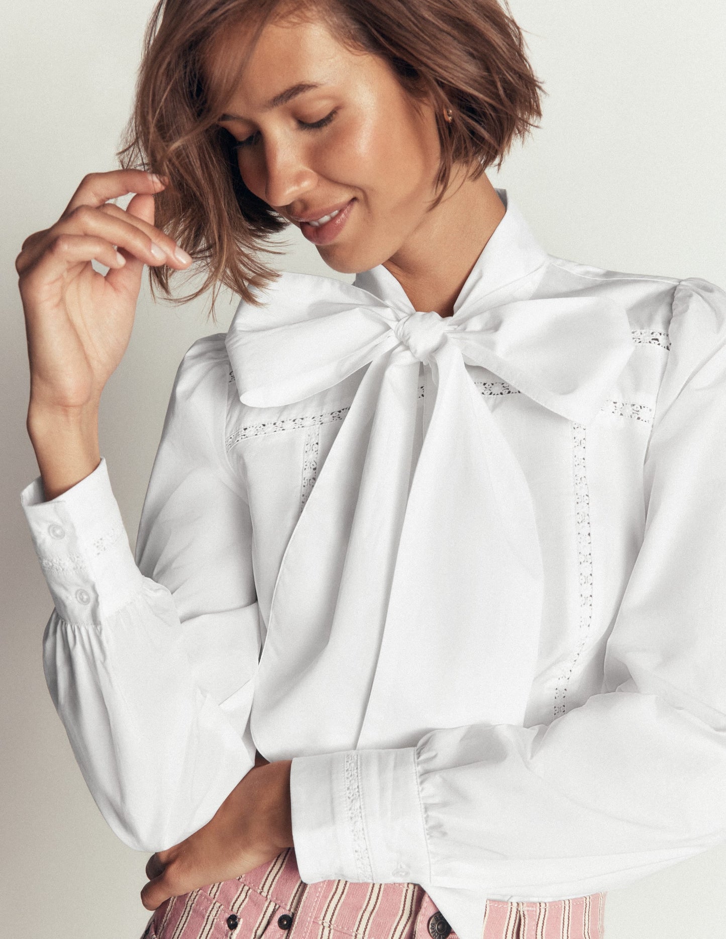 Clara Tie Neck Shirt-White Trim Detail