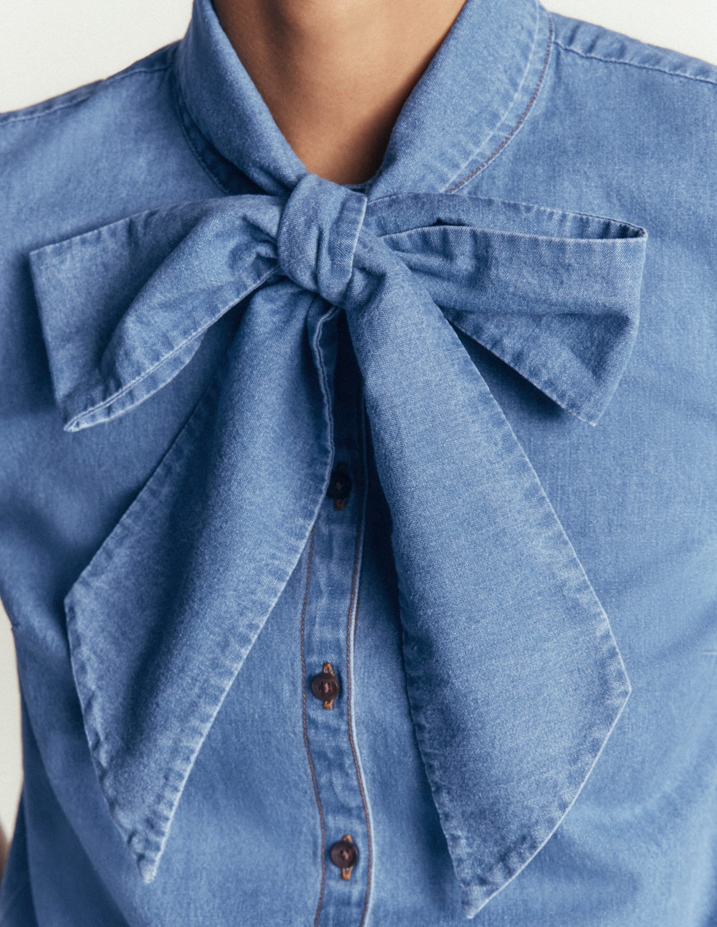 Tie Neck Denim Top-Light Vintage
