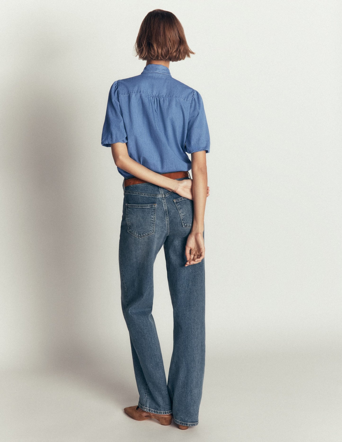Tie Neck Denim Top-Light Vintage