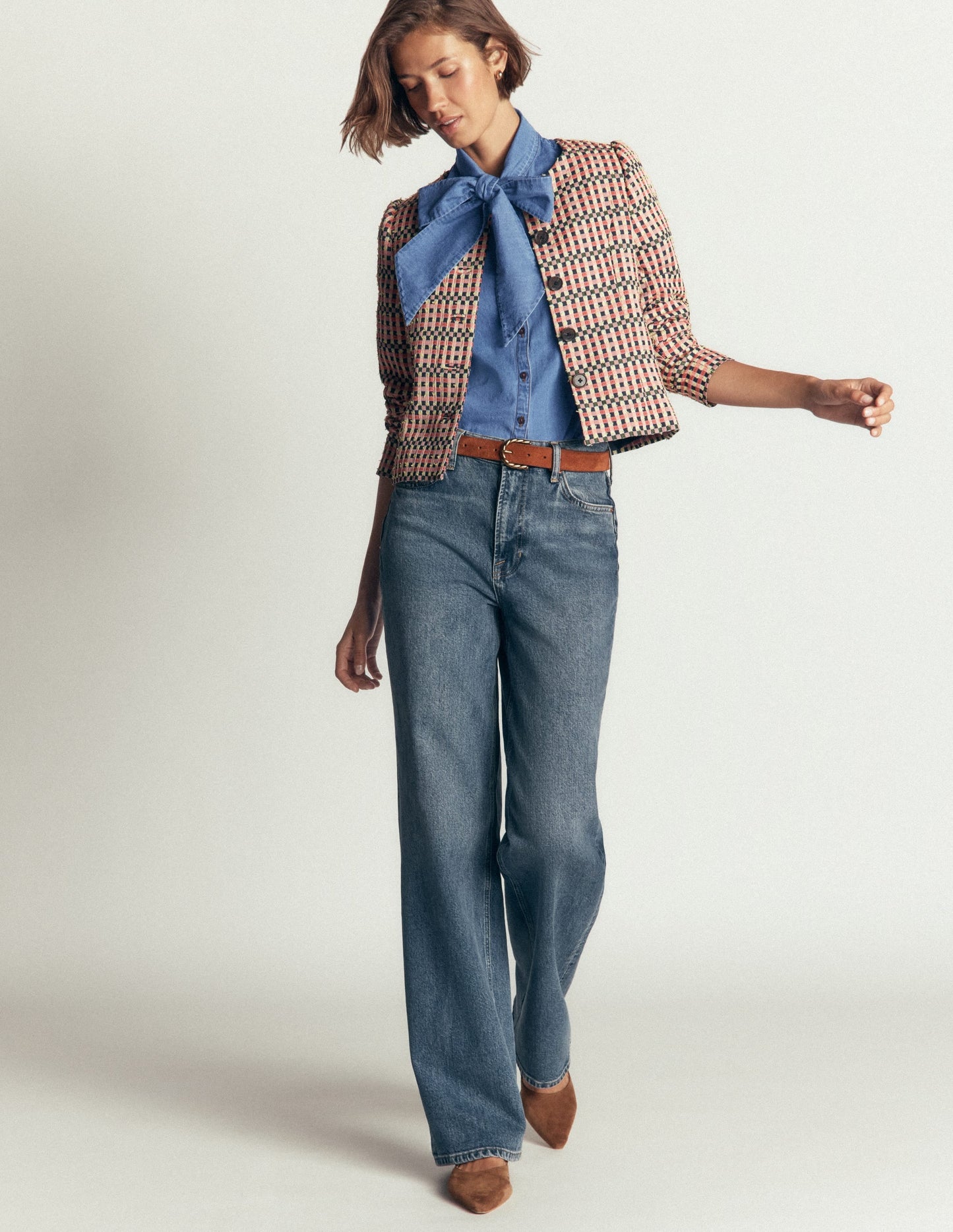 Tie Neck Denim Top-Light Vintage