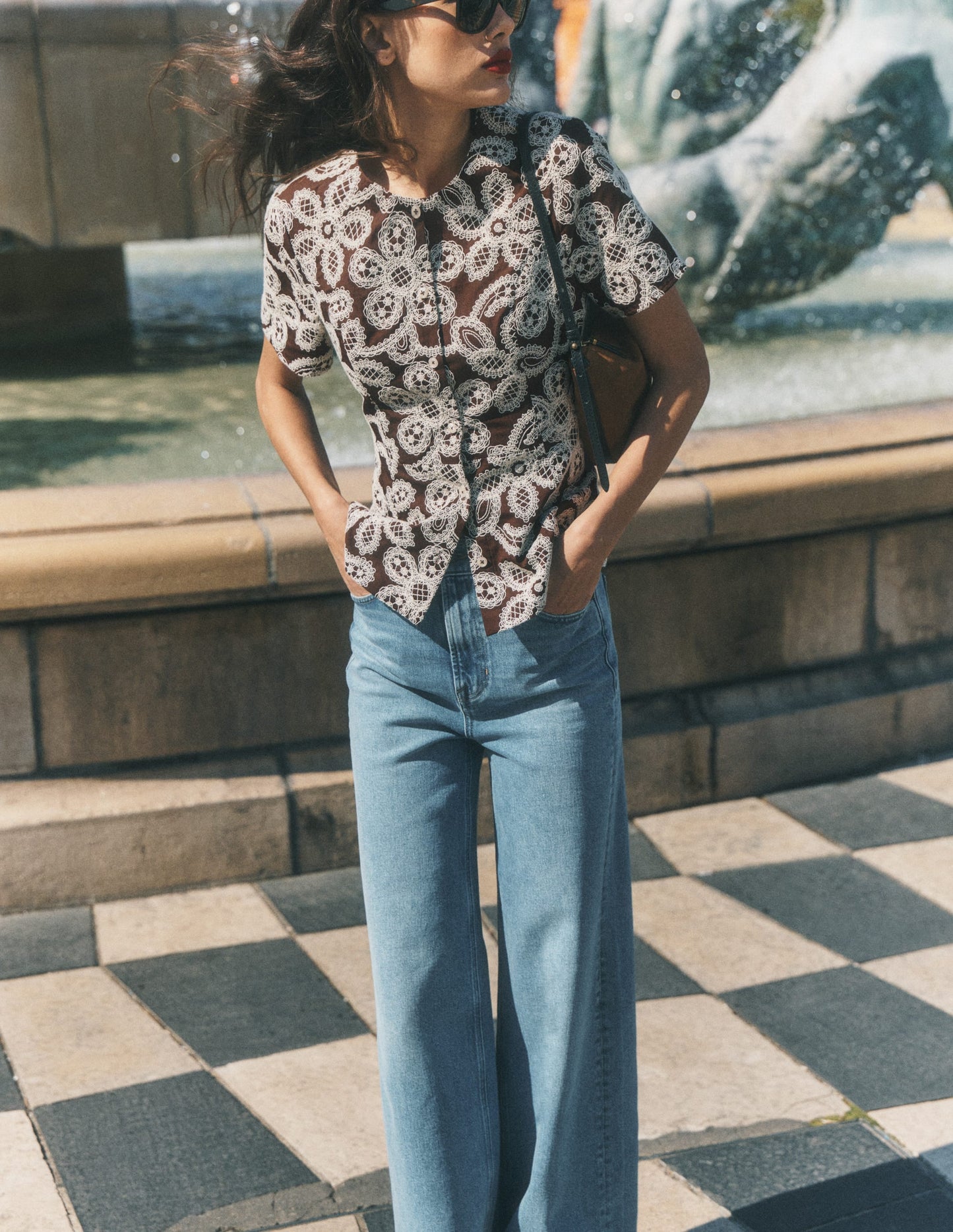 Embroidered Peplum Top-Bitter Chocolate