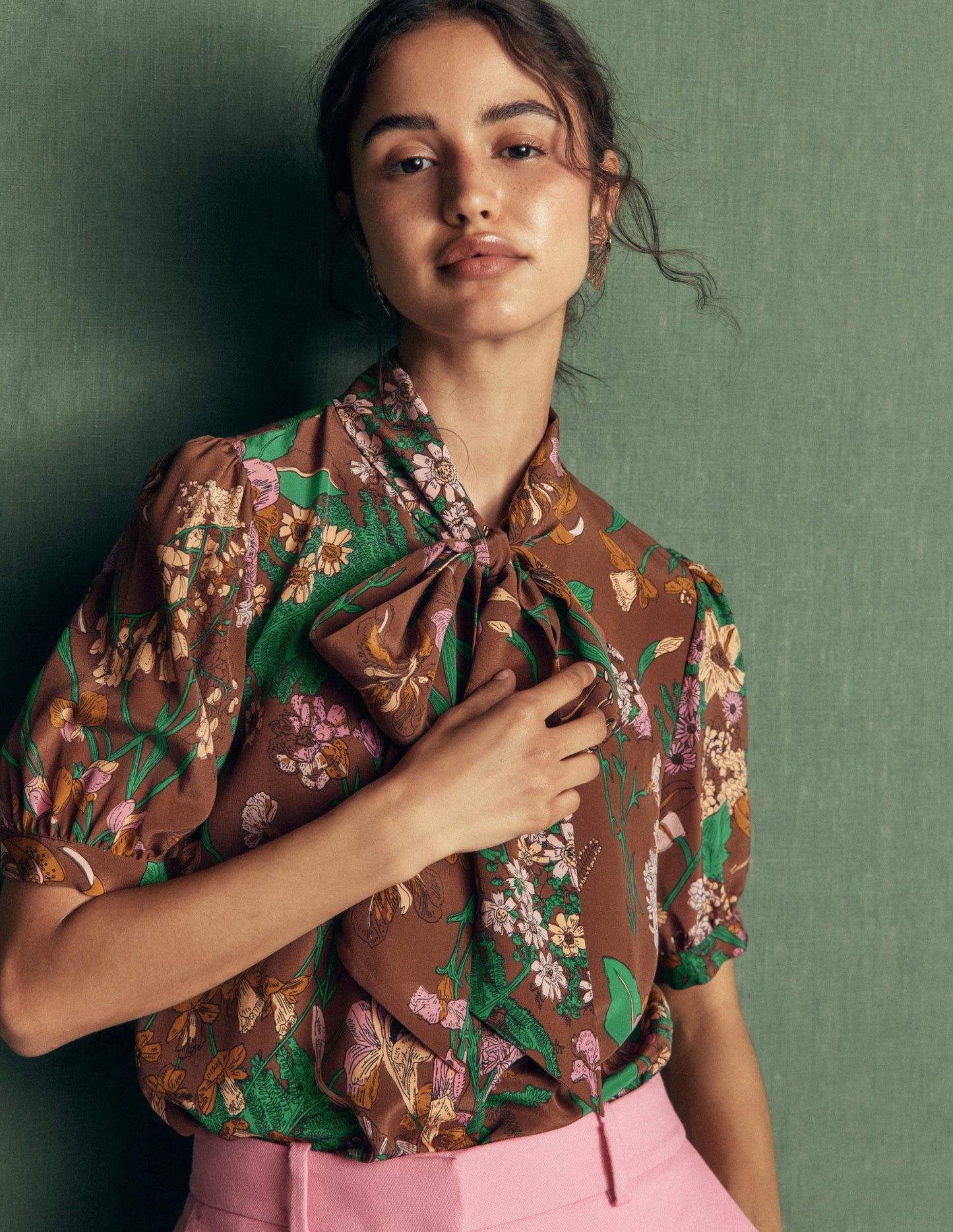 Tie Neck Silk Top-Woodland, Whimsical Flora