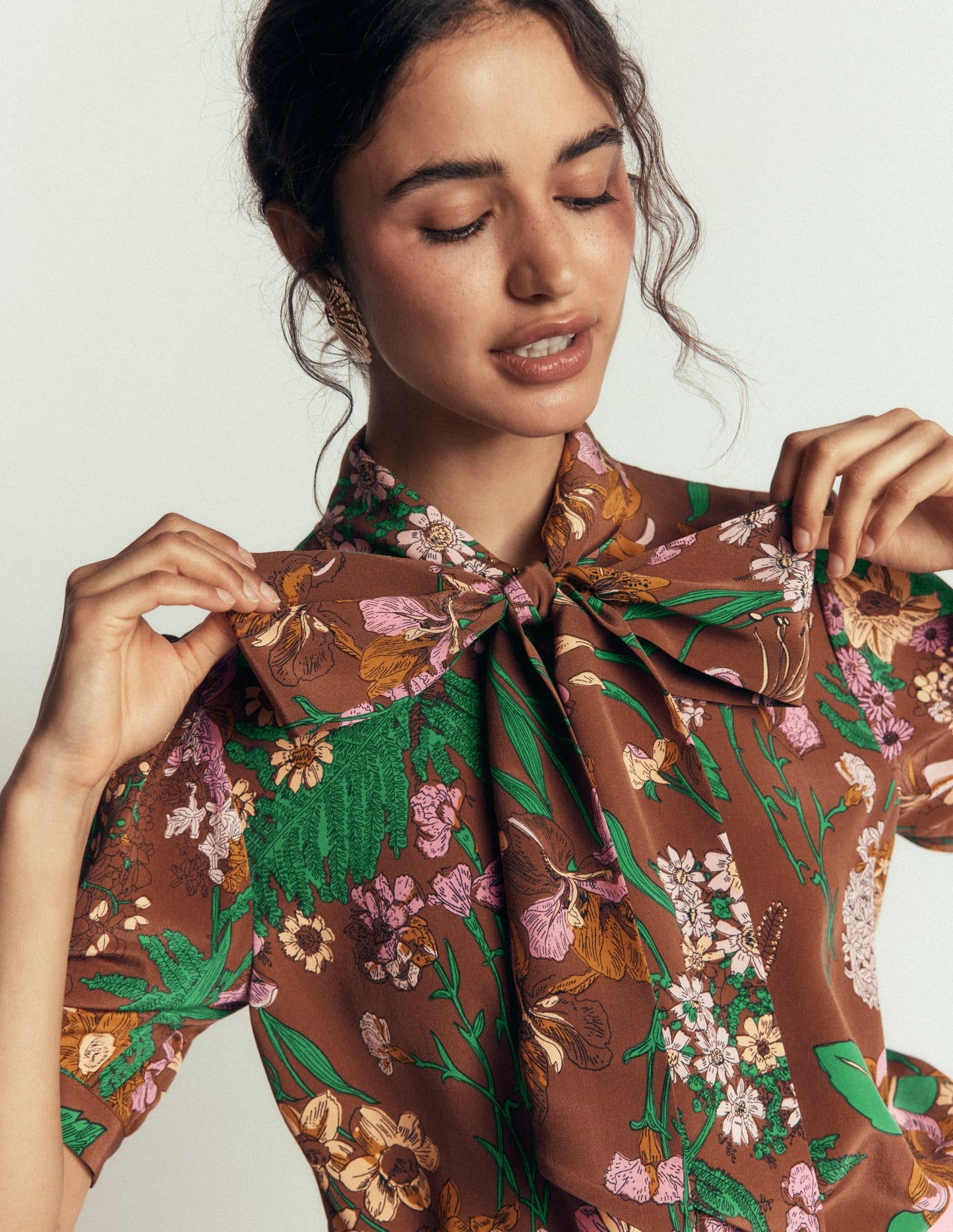 Tie Neck Silk Top-Woodland, Whimsical Flora