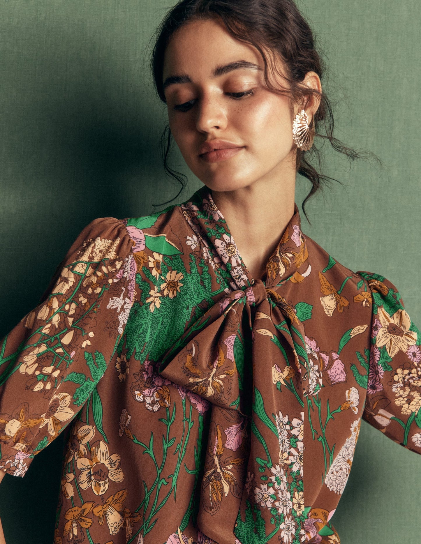 Tie Neck Silk Top-Woodland, Whimsical Flora
