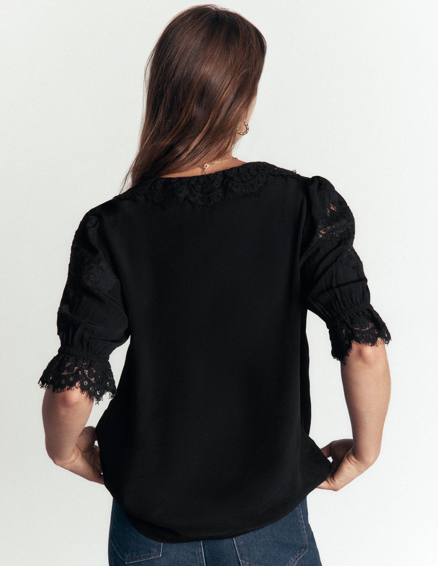 Ruffle V-neck Lace Top-Black