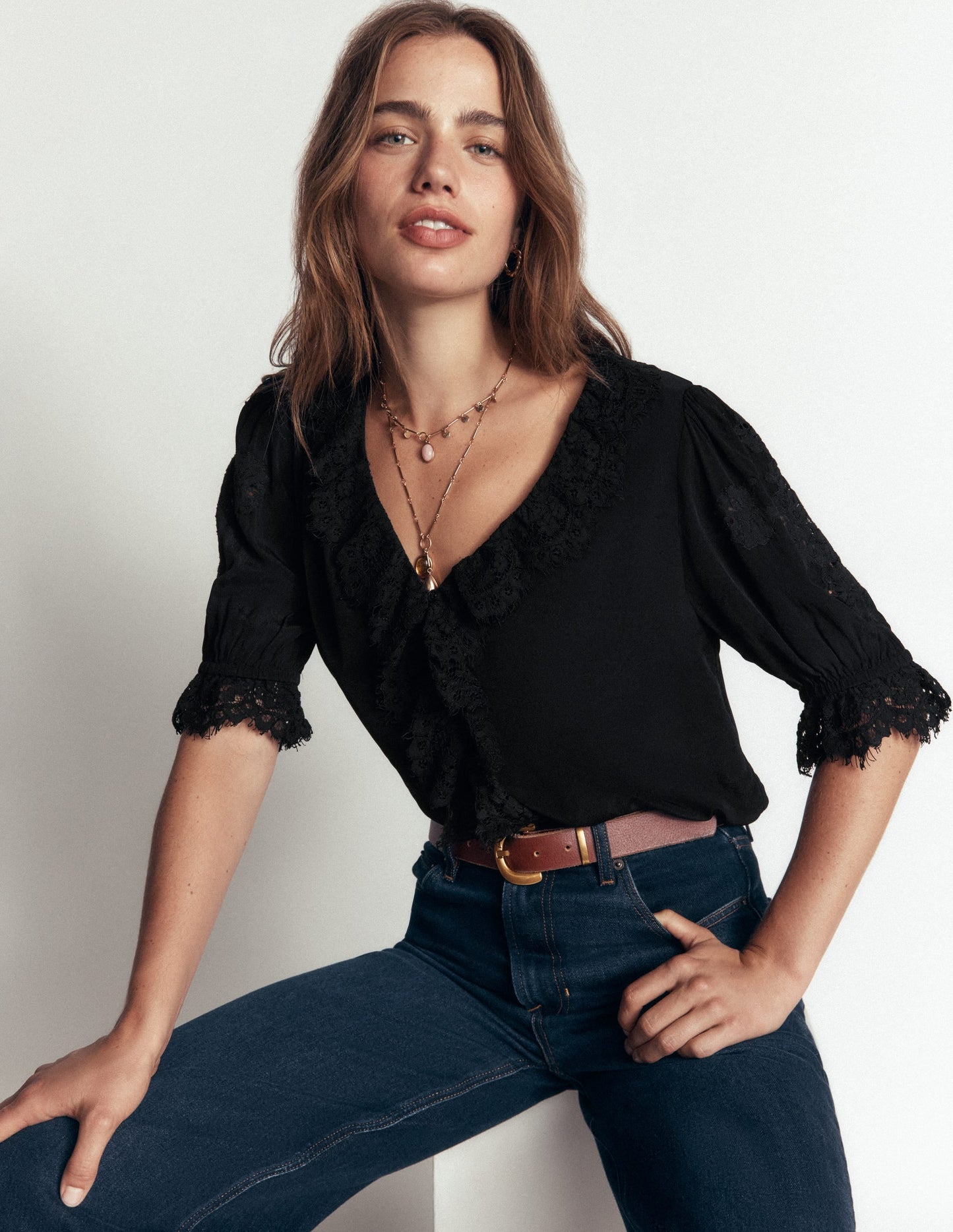 Ruffle V-neck Lace Top-Black