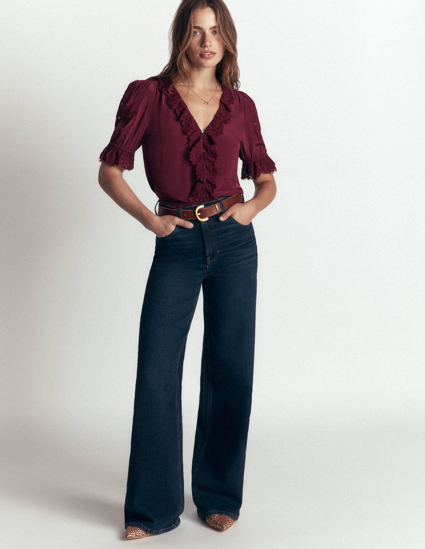 Ruffle V-neck Lace Top-Deep Wisteria