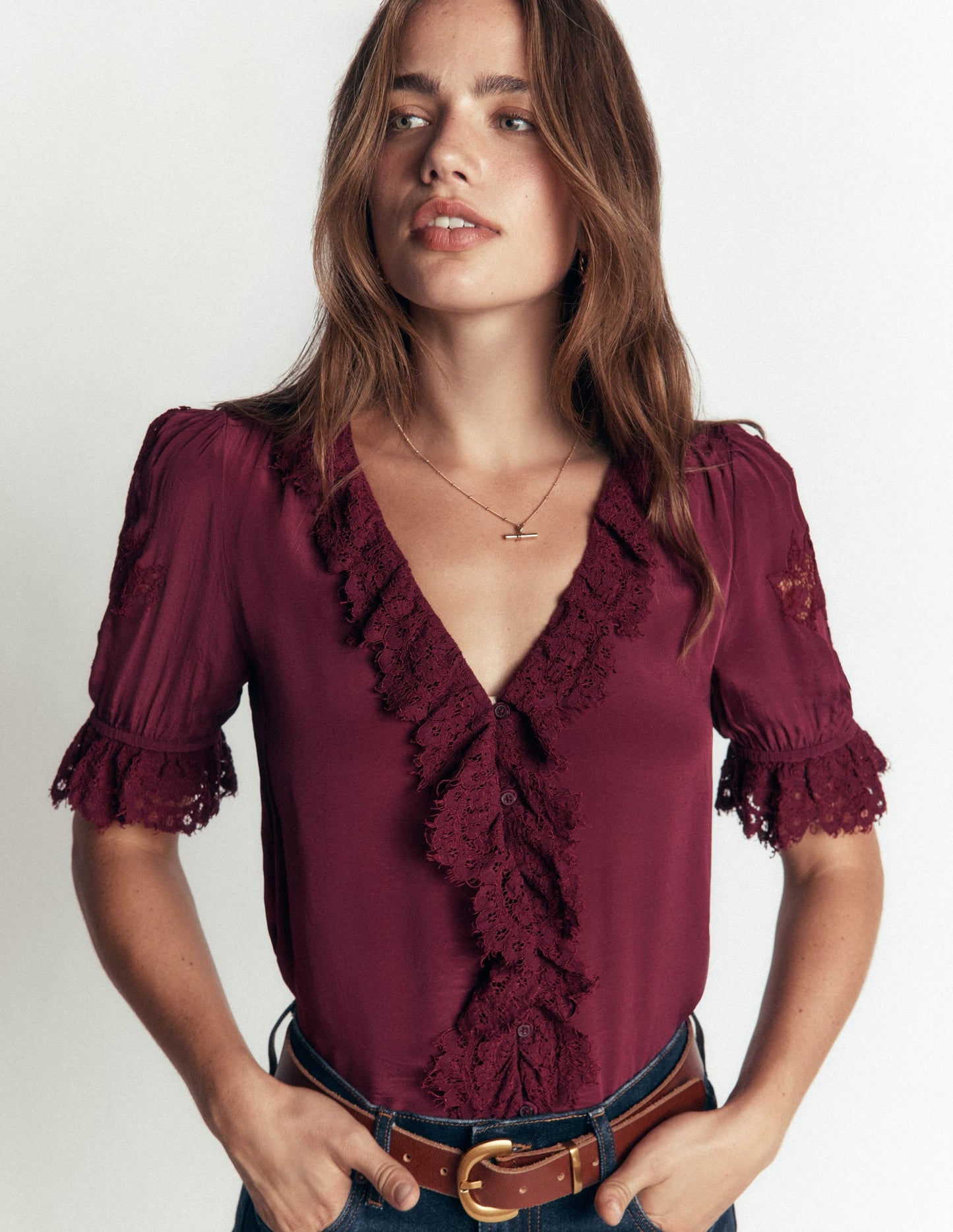 Ruffle V-neck Lace Top-Deep Wisteria