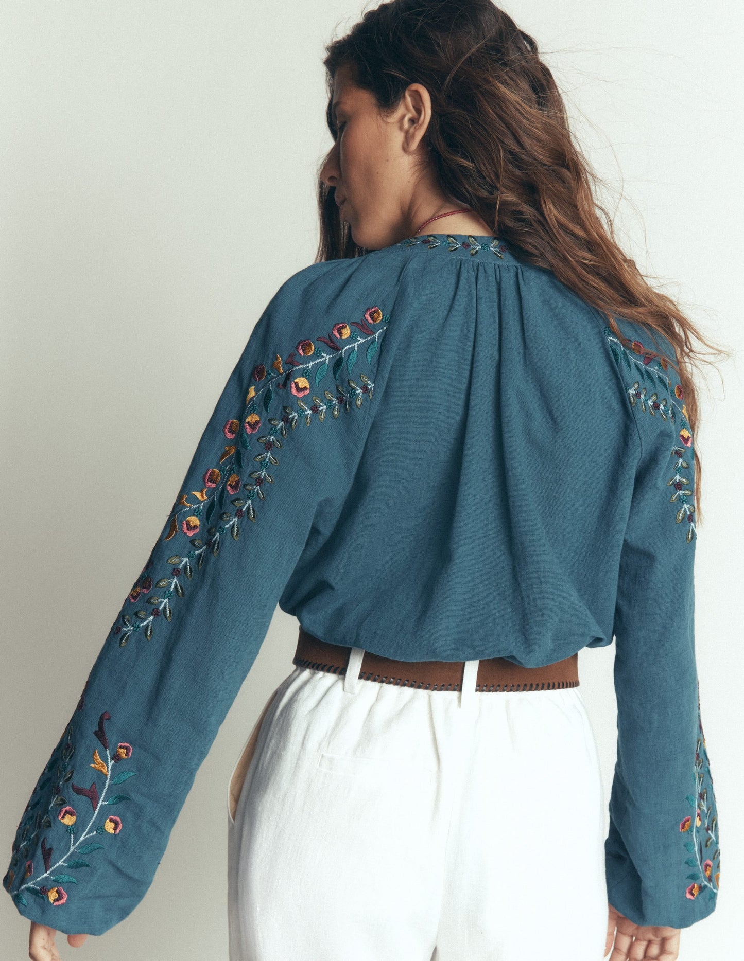 Raglan Embroidered Top-Mid Blue