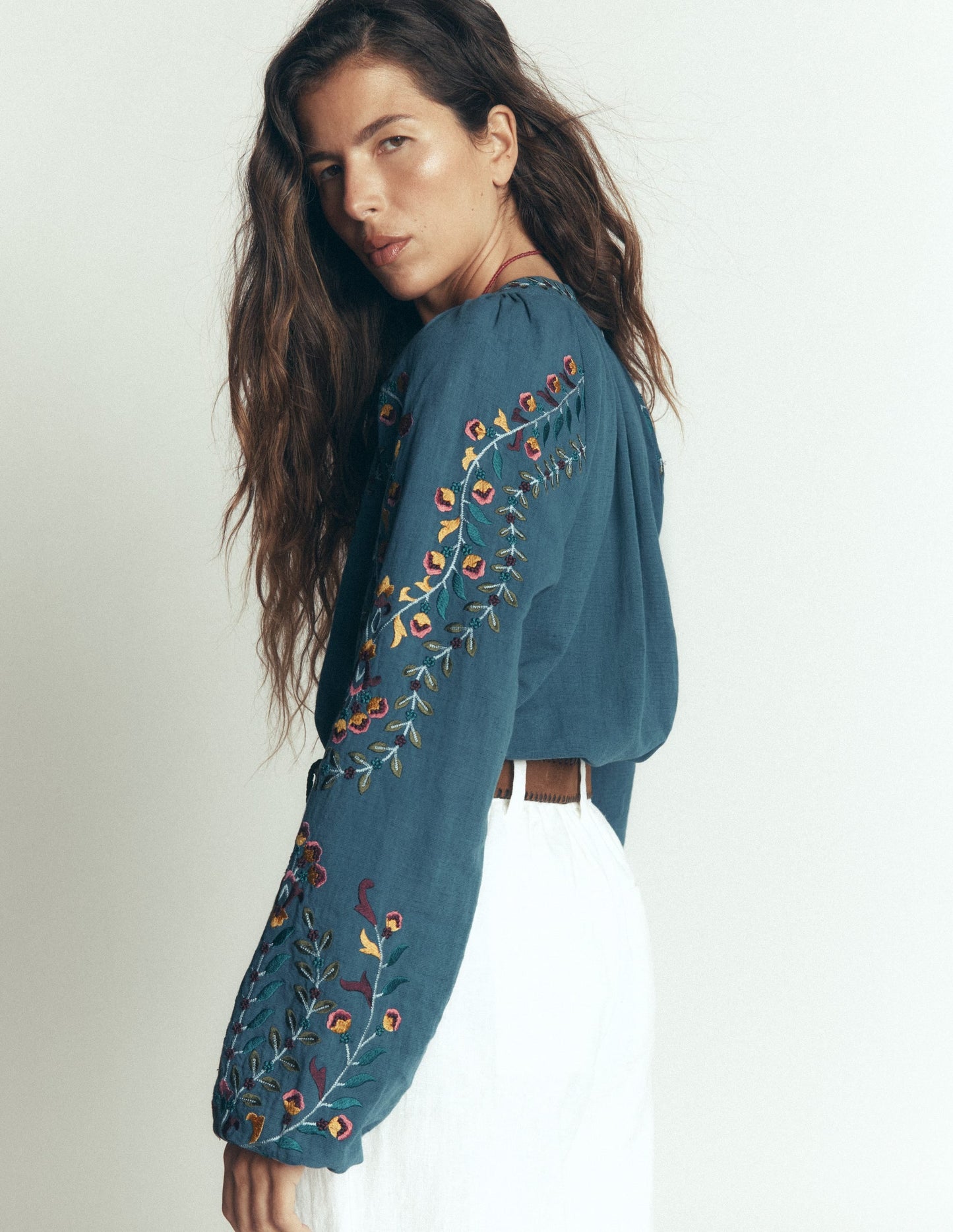 Raglan Embroidered Top-Mid Blue