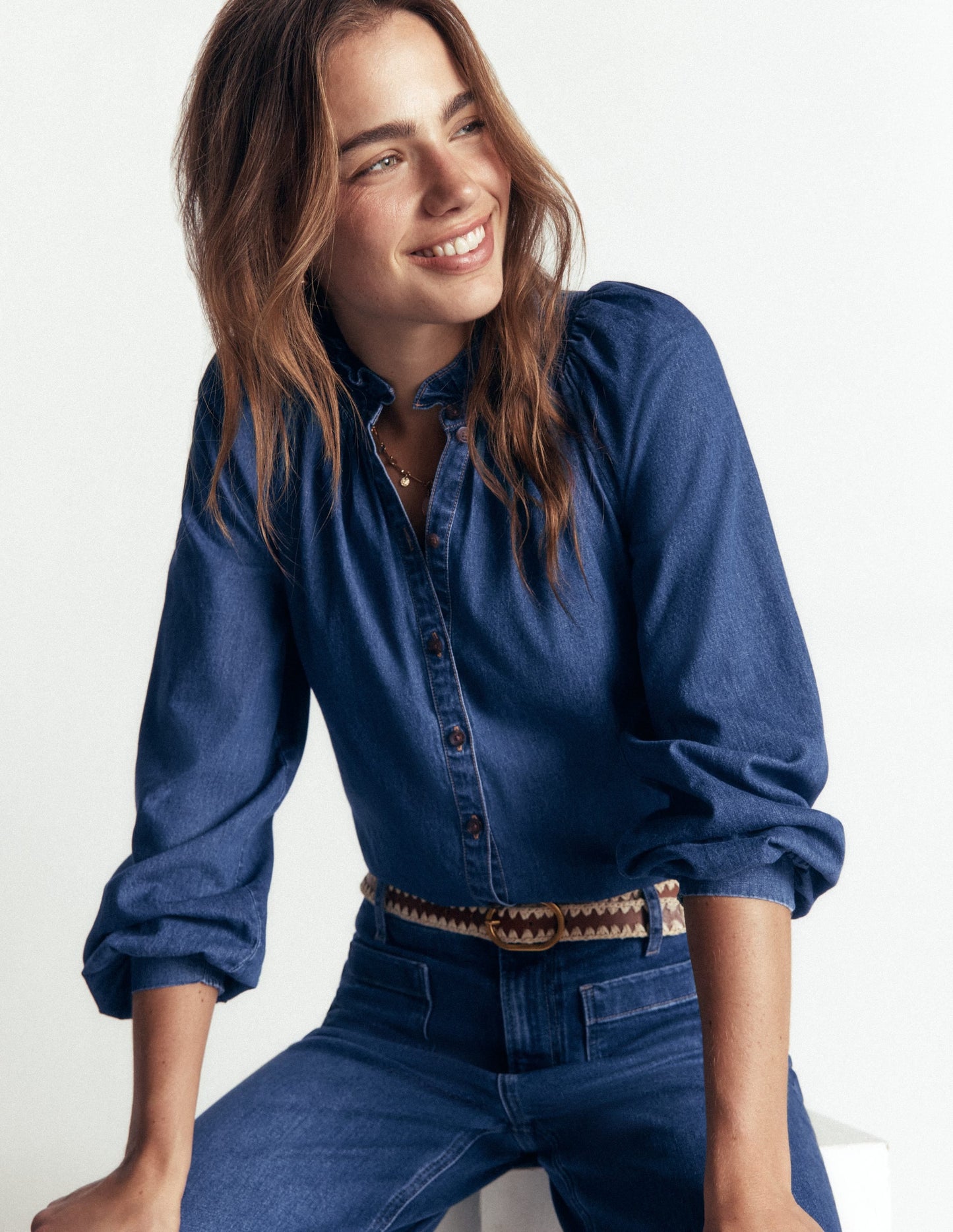 Erica Denim Frill Top-Mid Vintage