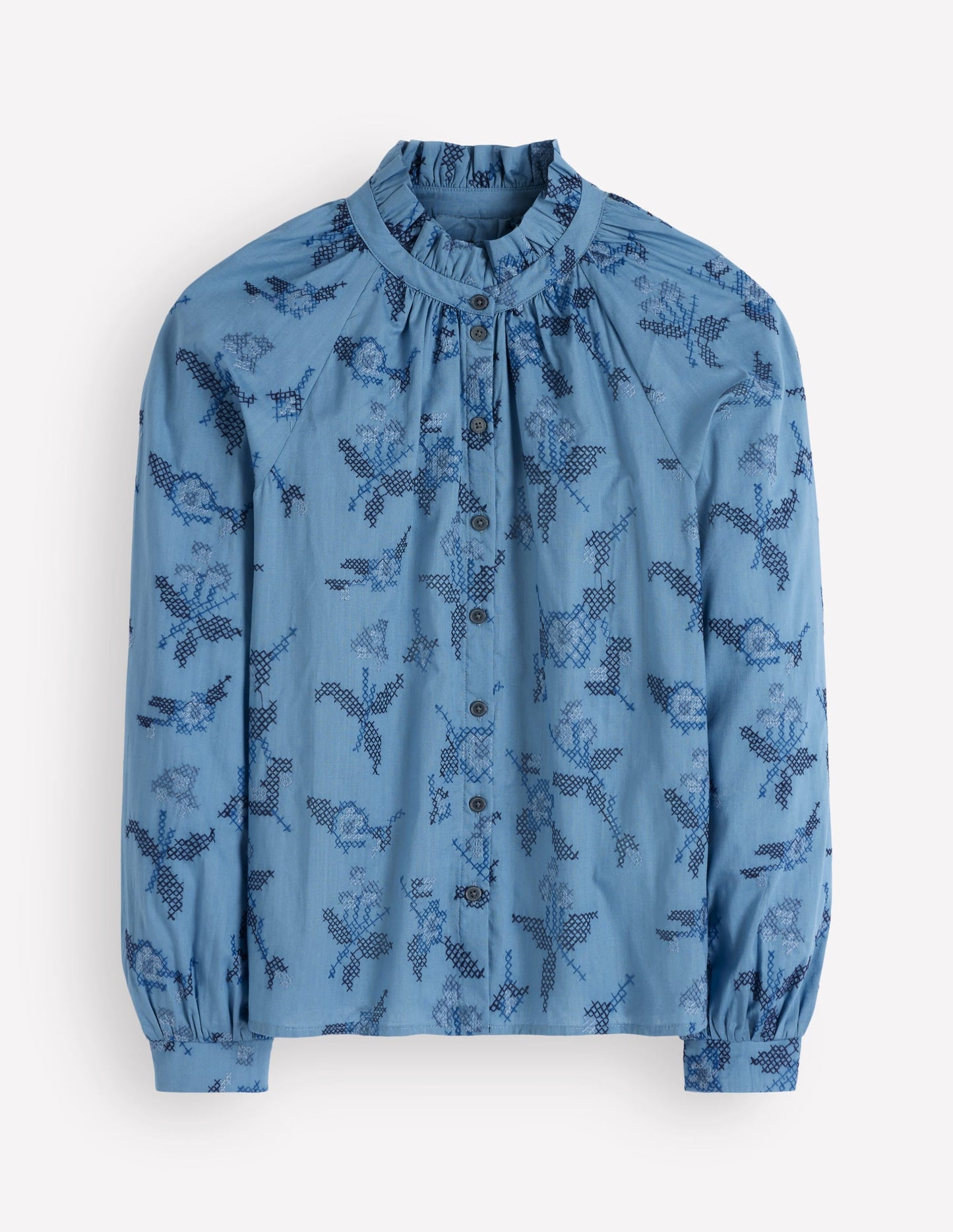 Erica Cotton Frill Top-Blue, Cross Stitch Floral