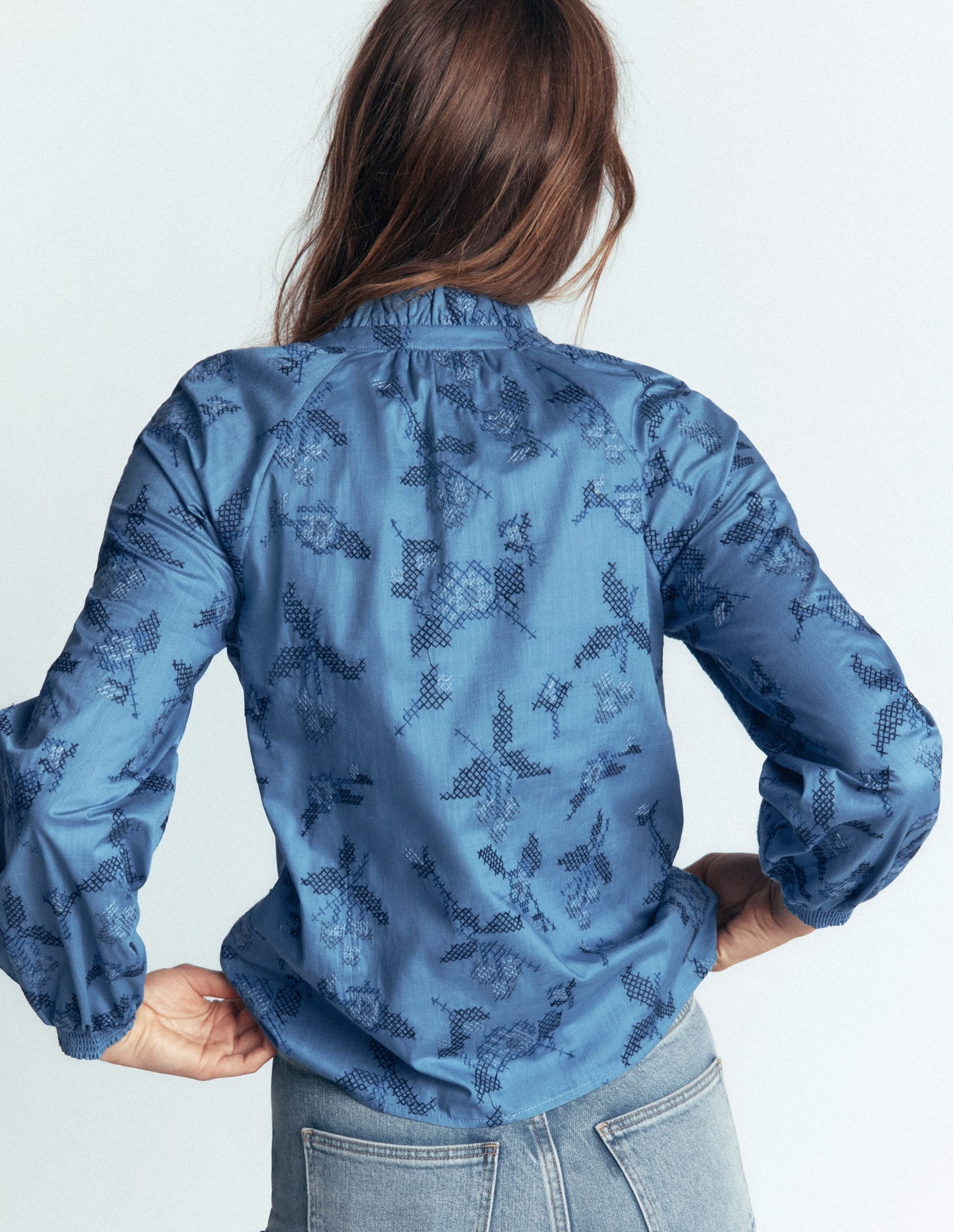 Erica Cotton Frill Top-Blue, Cross Stitch Floral