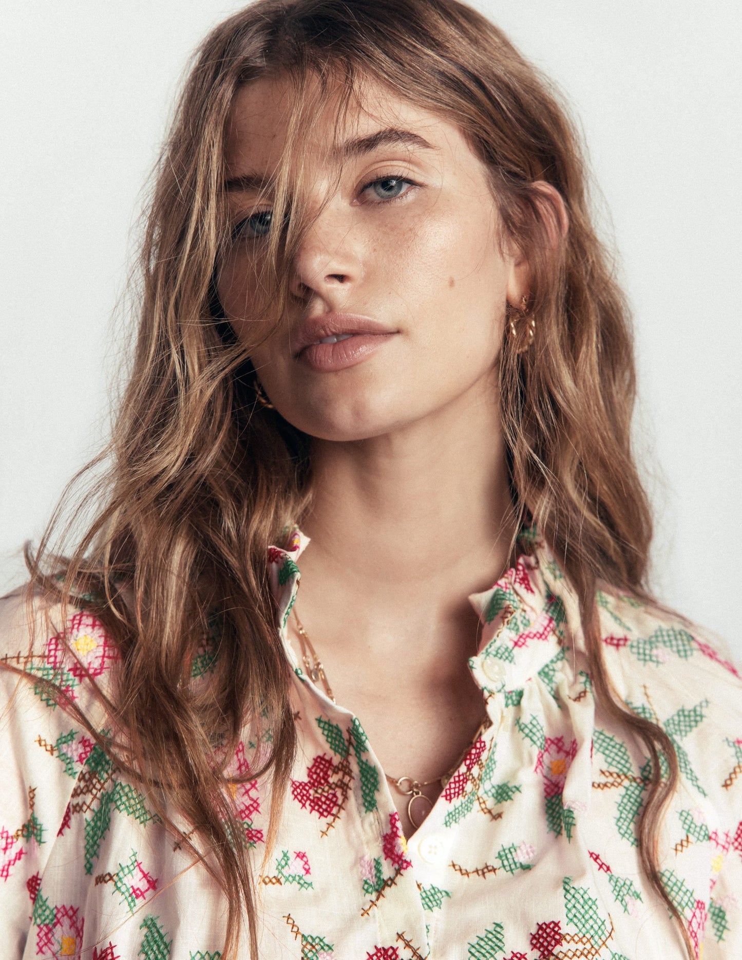 Erica Cotton Frill Top-White Cross Stitch Floral