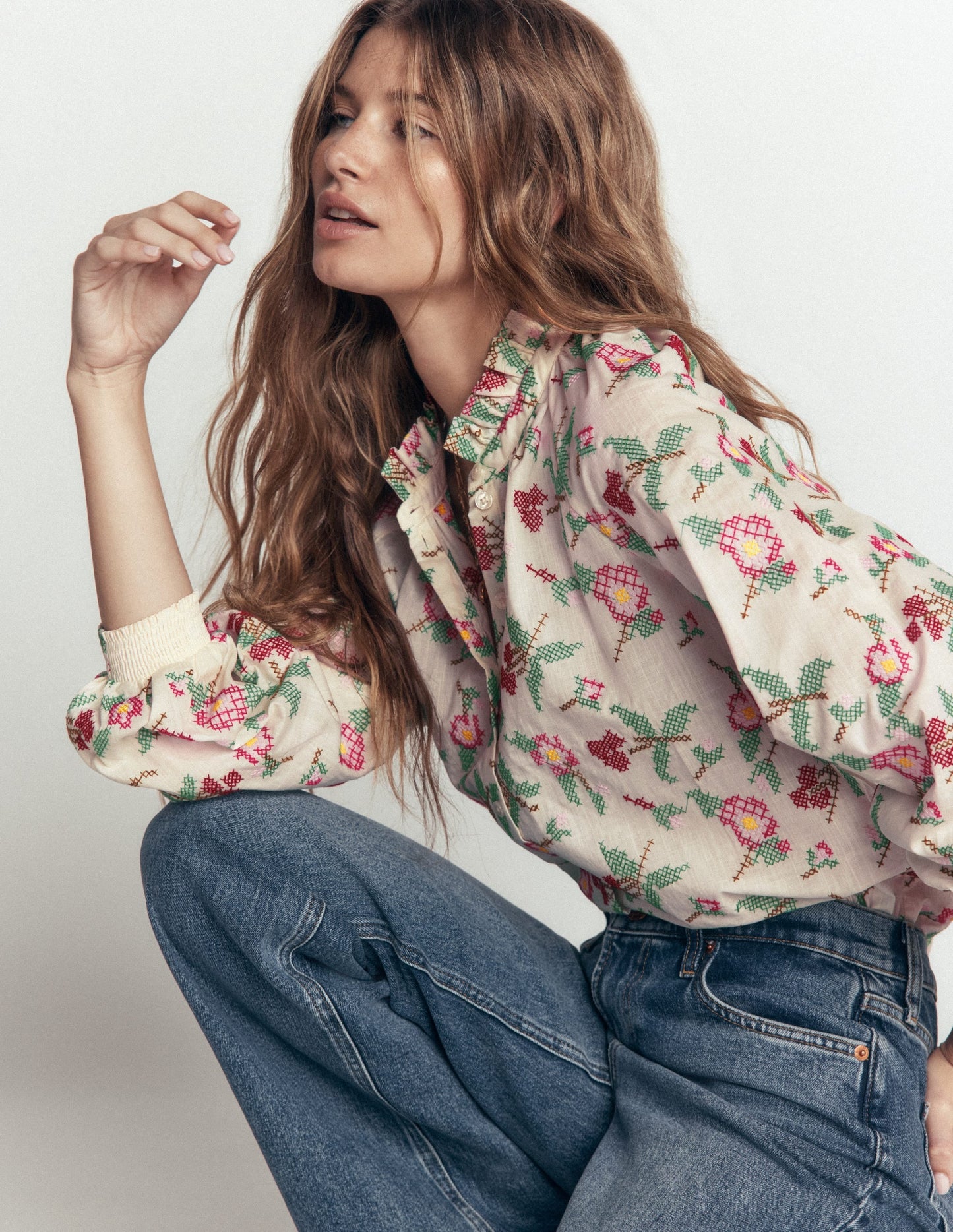 Erica Cotton Frill Top-White Cross Stitch Floral