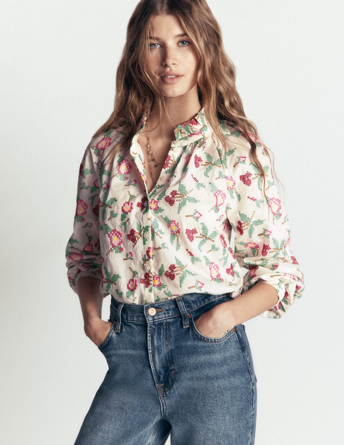 Erica Cotton Frill Top-White Cross Stitch Floral