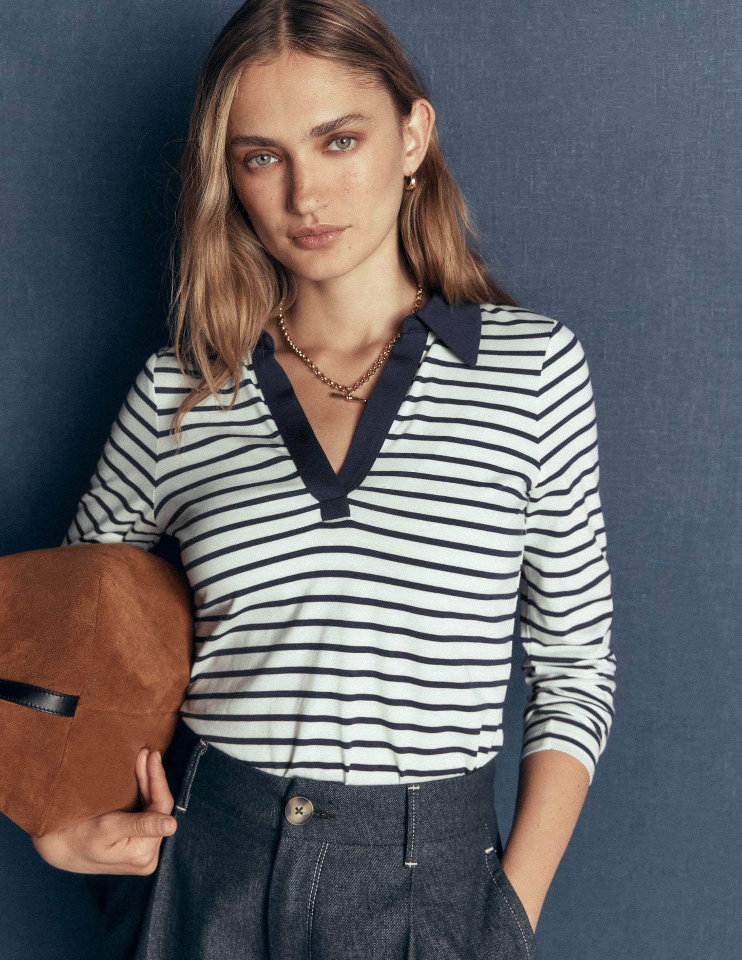 Supersoft Open Collar Shirt-Ivory/ Navy Stripe