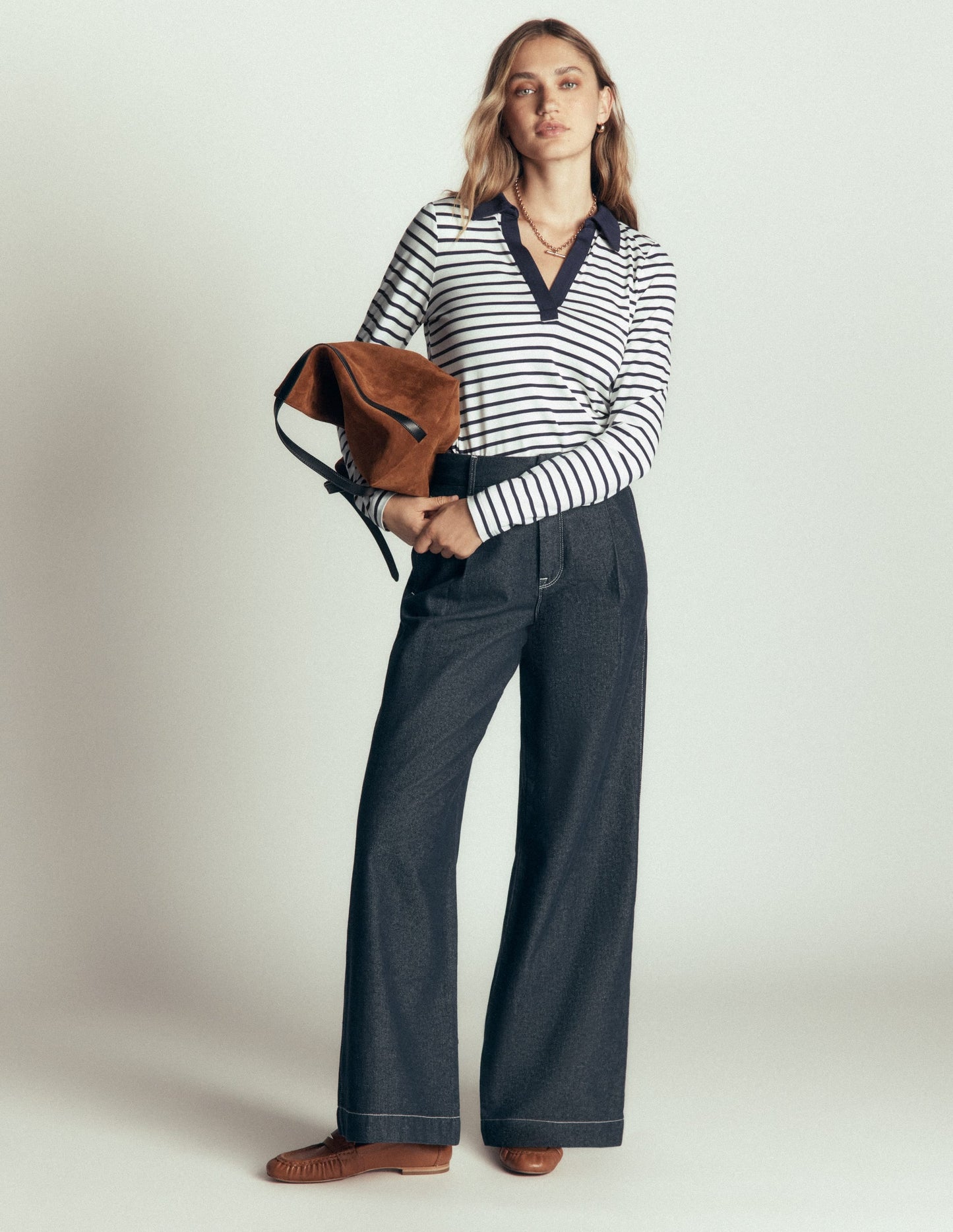 Supersoft Open Collar Shirt-Ivory/ Navy Stripe