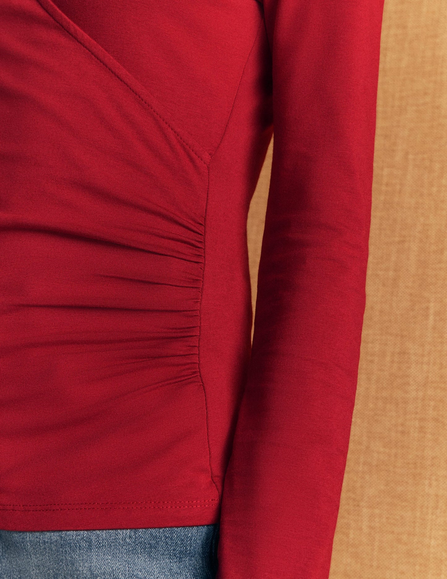 Ruched Long Sleeve Wrap Top-Crimson Red