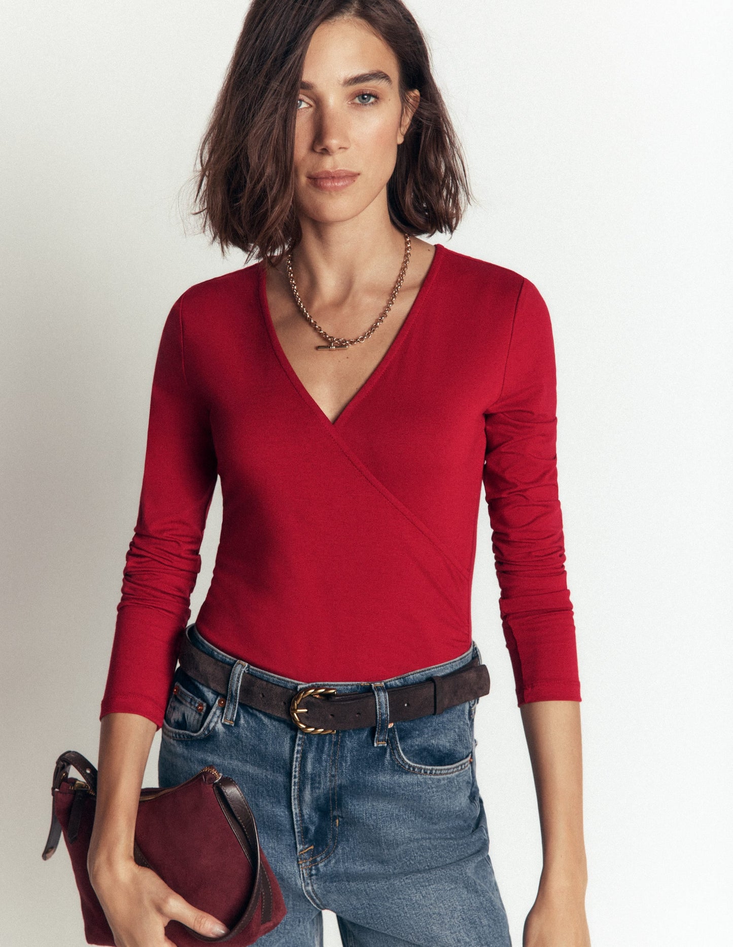 Ruched Long Sleeve Wrap Top-Crimson Red