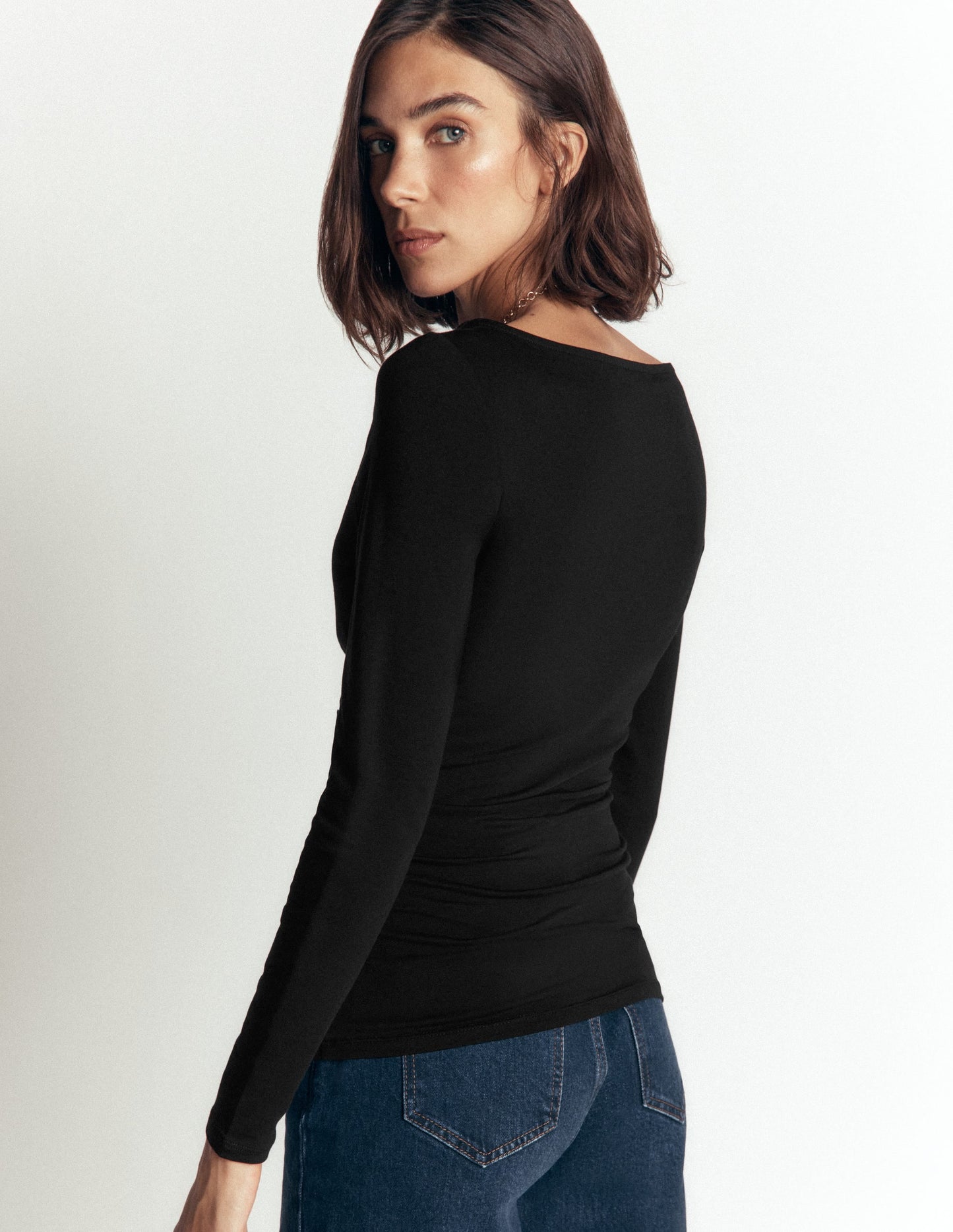 Ruched Long Sleeve Top-Black