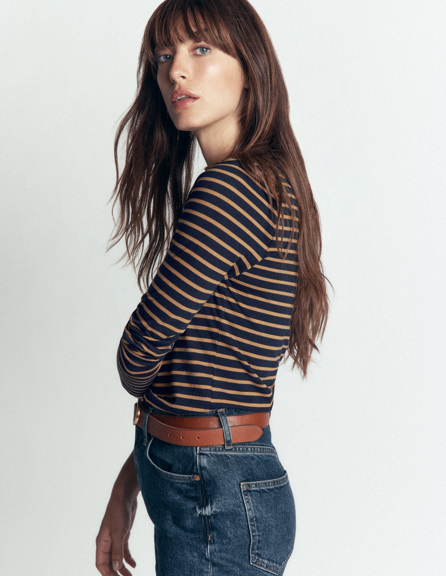 Supersoft Square Neck Top-Navy and Dijon Stripe