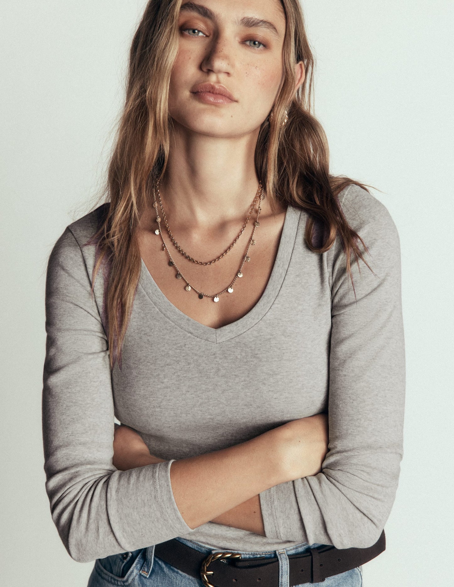Annie Essential V Neck Top-Grey Marl