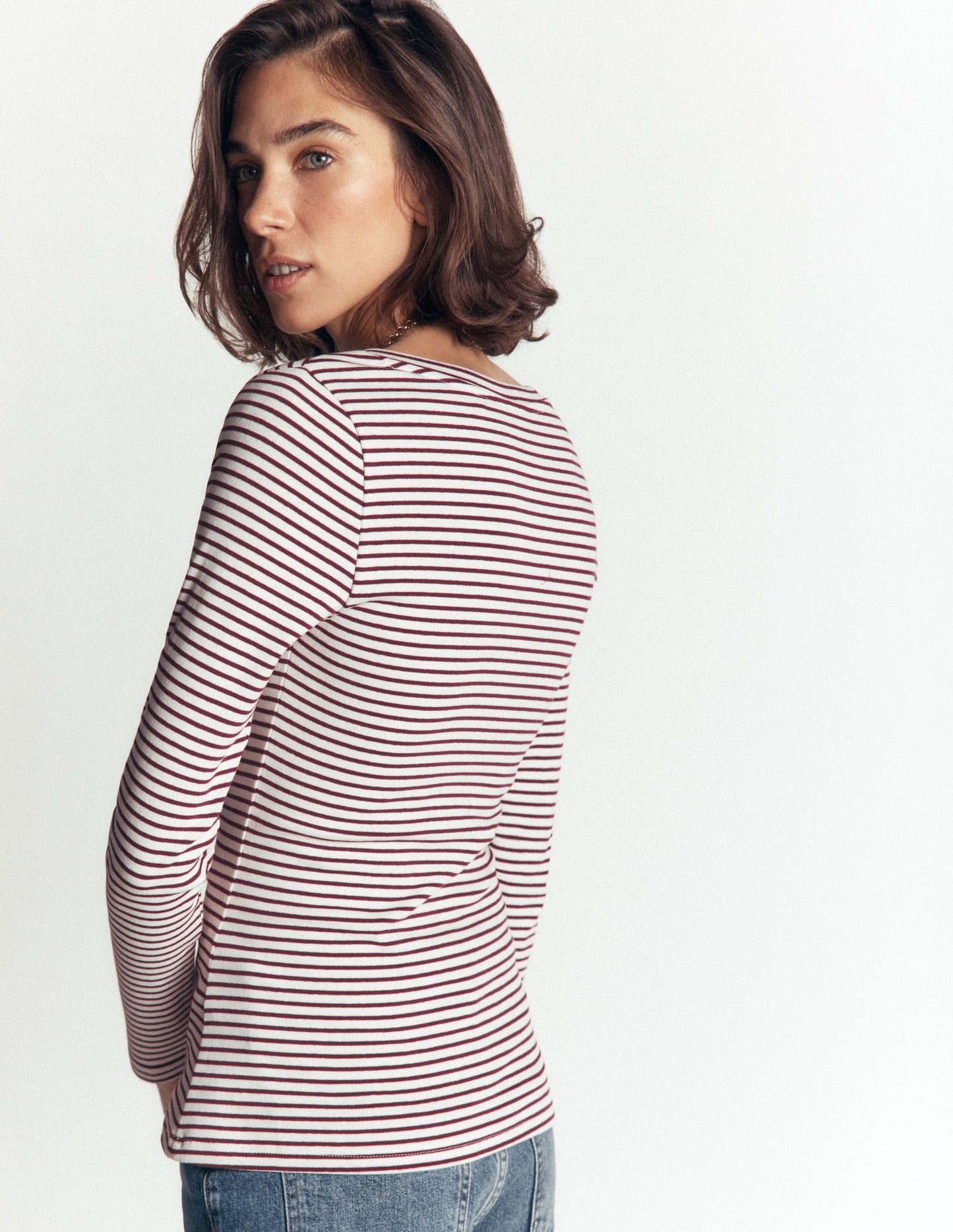 Annie Essential V Neck Top-Deep Wisteria and Ivory Stripe