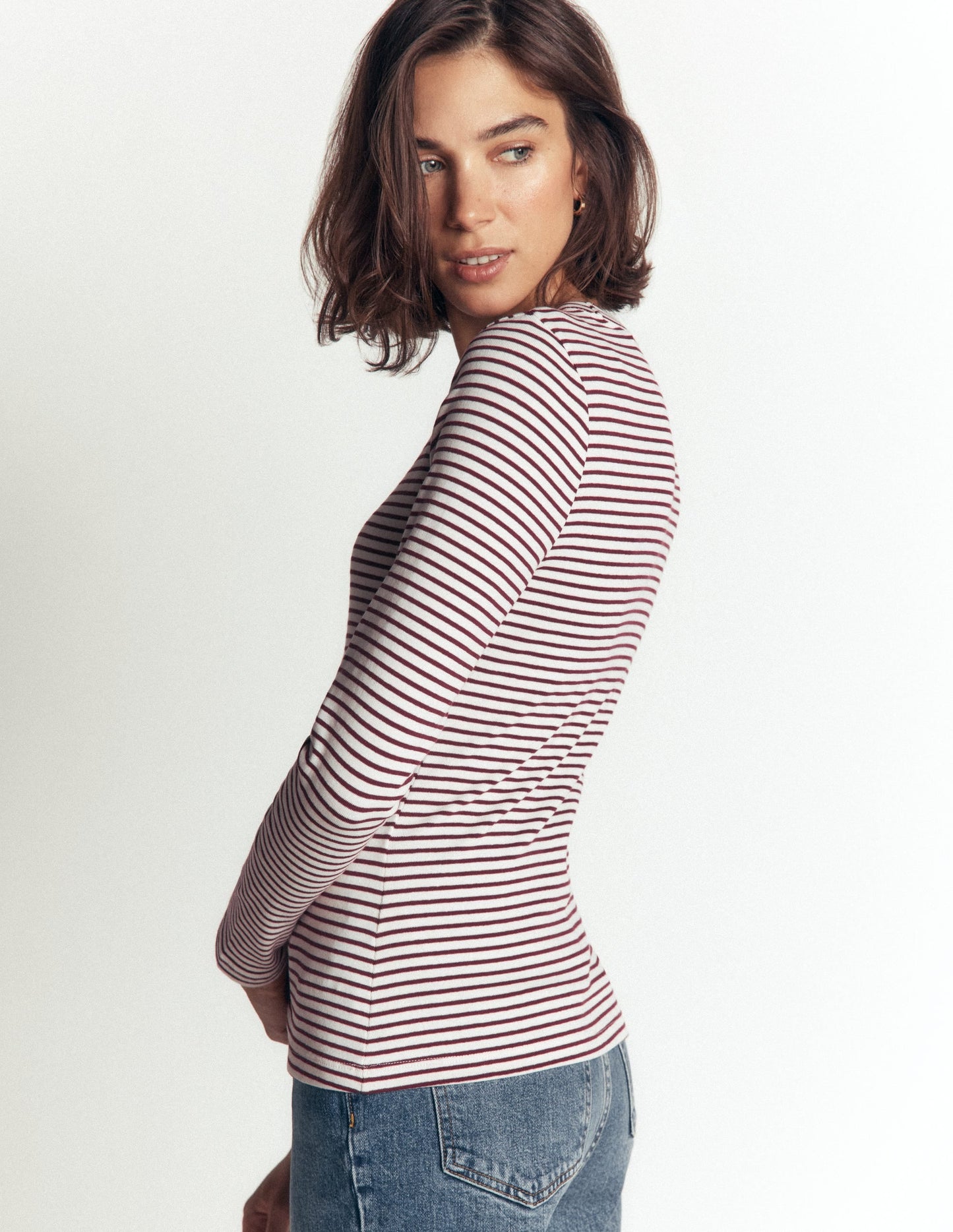 Annie Essential Crew Neck Top-Deep Wisteria and Ivory Stripe