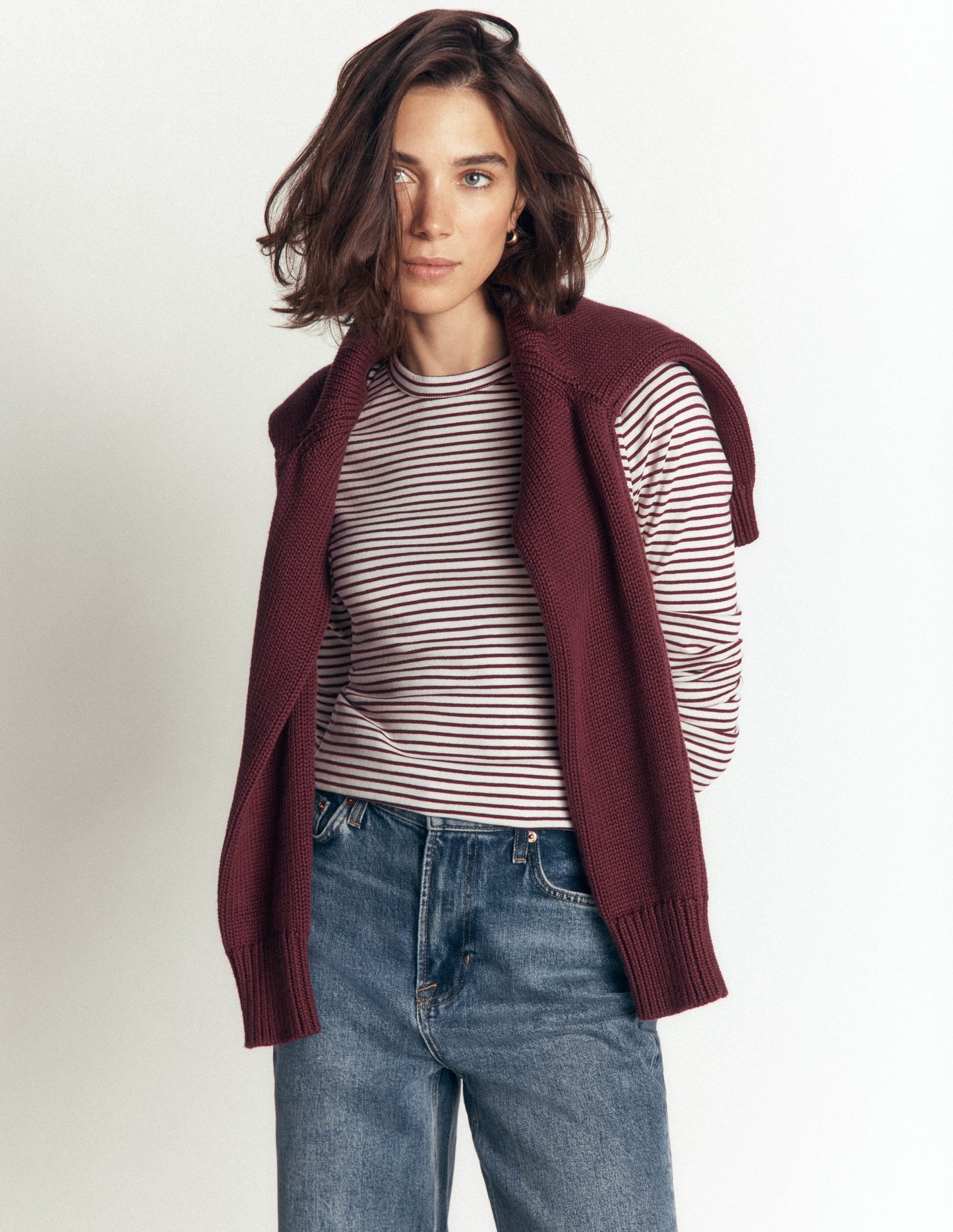 Annie Essential Crew Neck Top-Deep Wisteria and Ivory Stripe