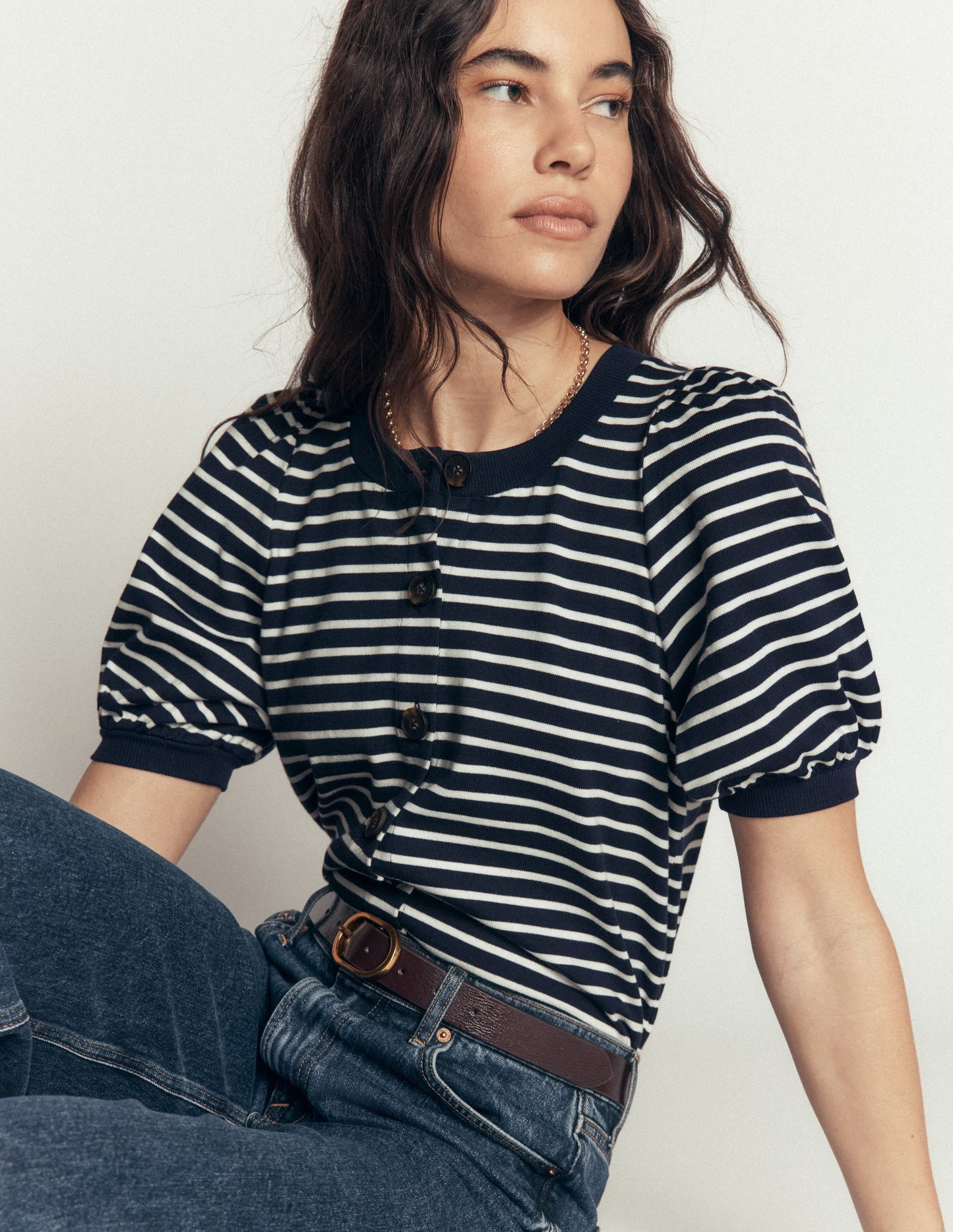 Button-through Puff Sleeve Top-Navy and Ivory Stripe
