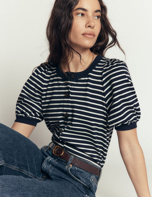 Button-through Puff Sleeve Top-Navy and Ivory Stripe
