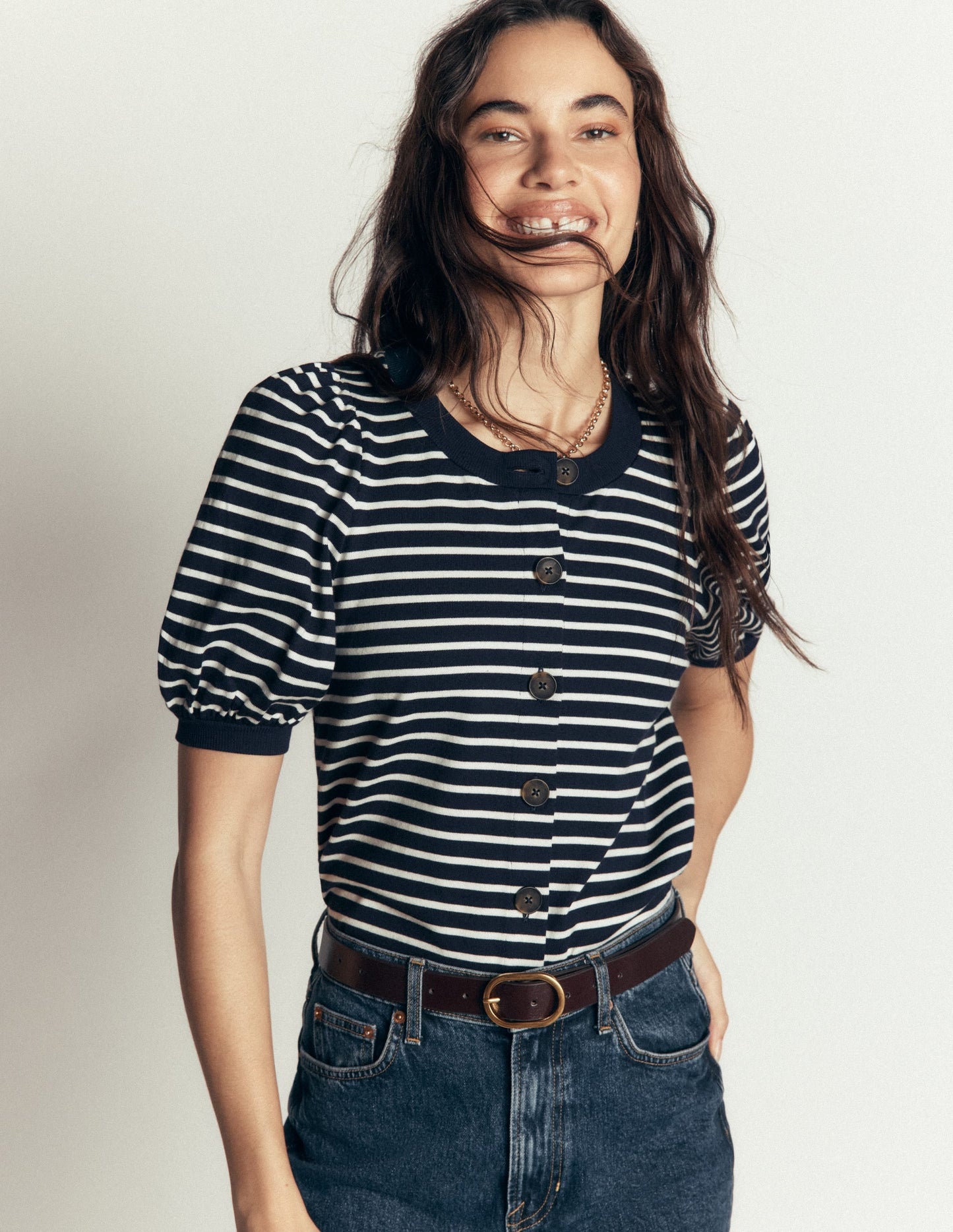 Button-through Puff Sleeve Top-Navy and Ivory Stripe