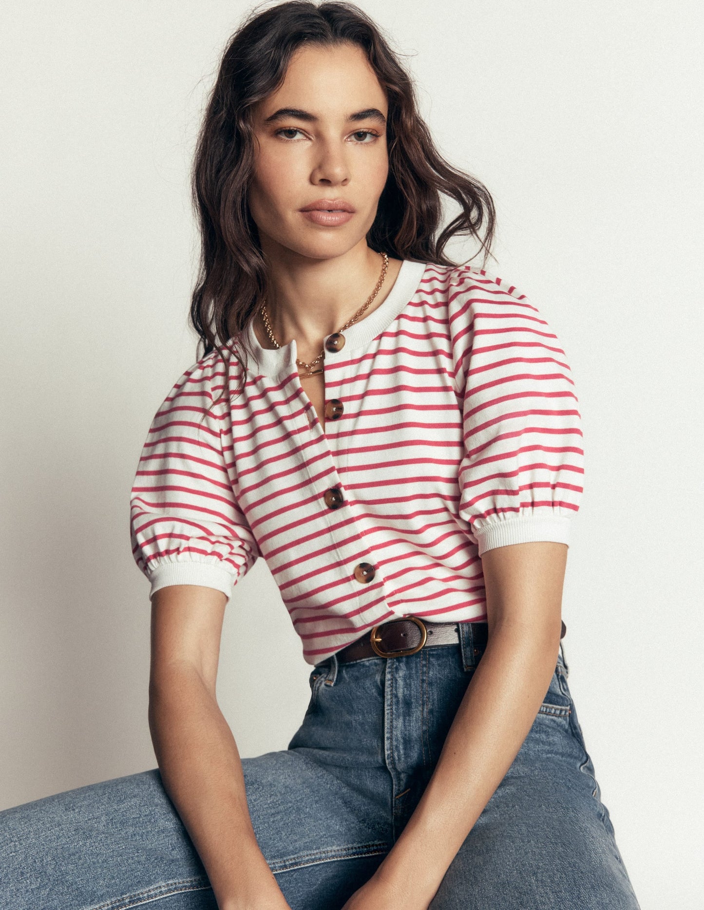 Button-through Puff Sleeve Top-Ivory and Hollyberry Stripe