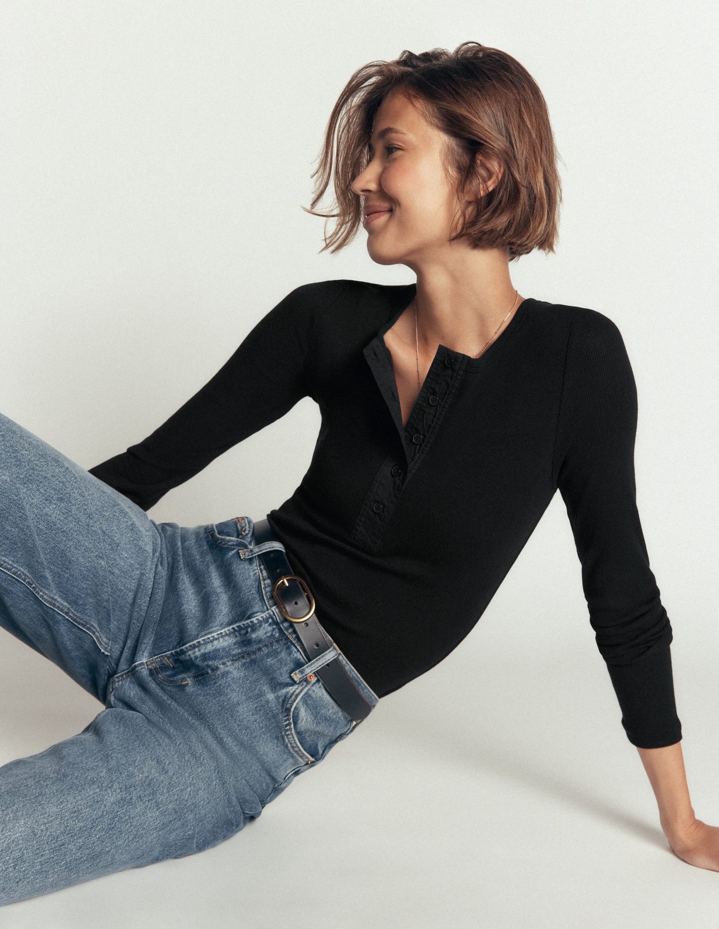 Ribbed Long Sleeve Henley-Black