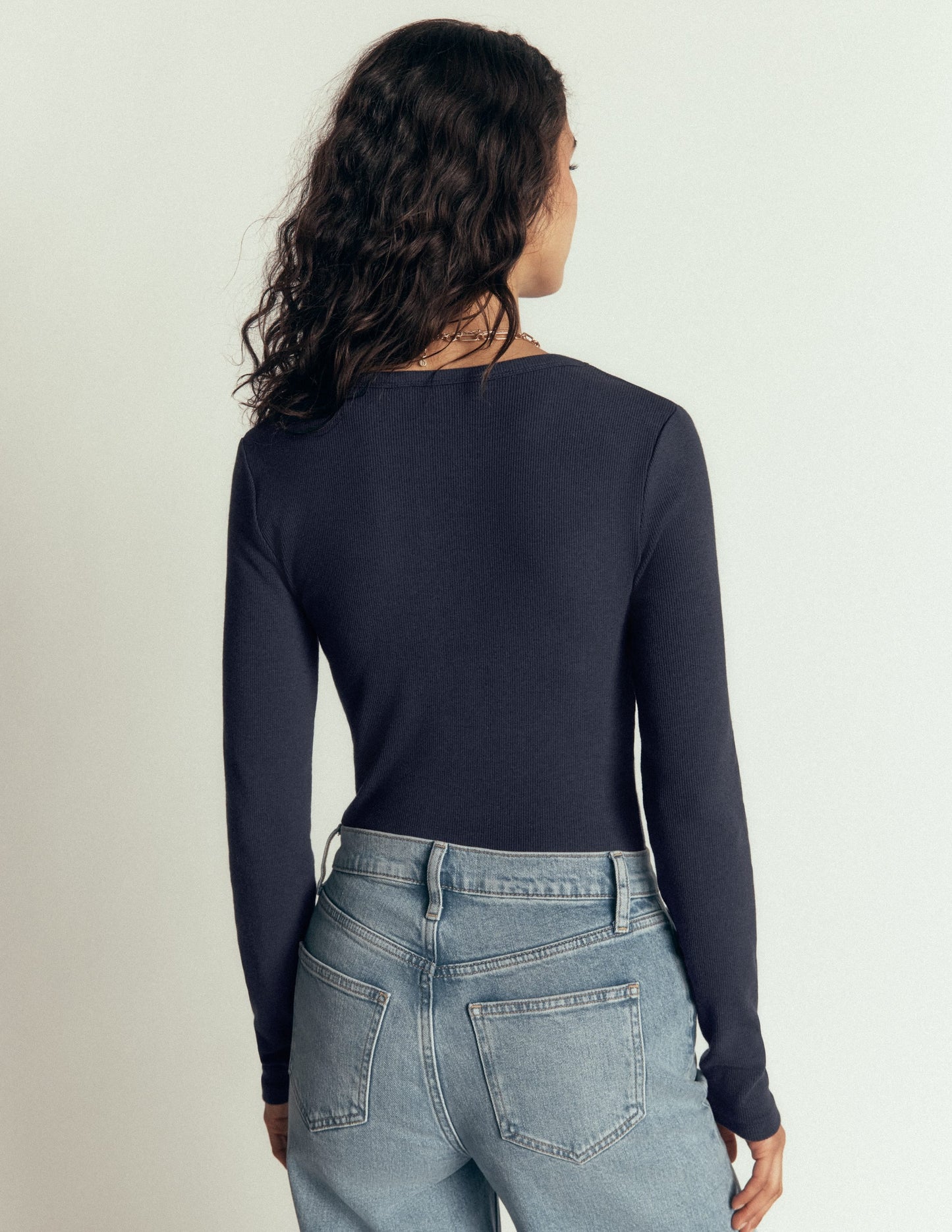 Ribbed Long Sleeve Henley-Navy