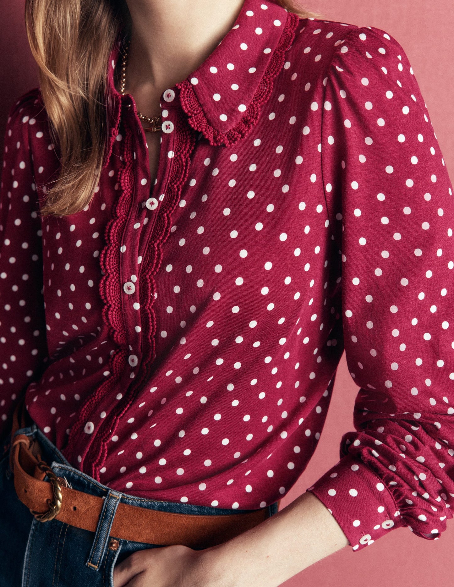 Lace Frill Blouse-Ruby Red, Boden Spot