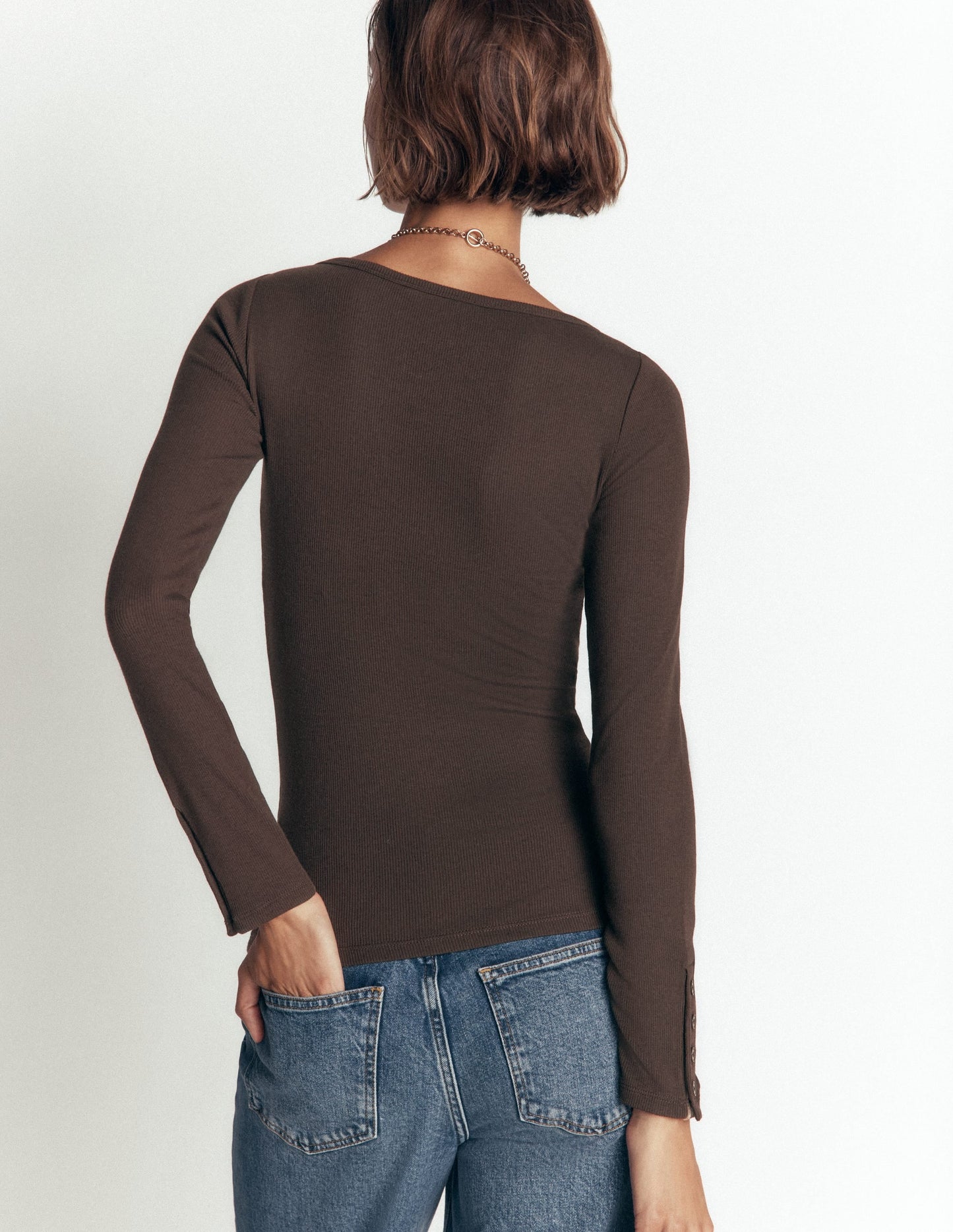 Button Cuff Ribbed Boatneck-Bitter Chocolate