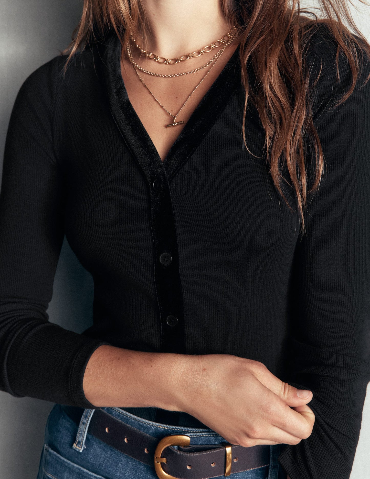 Velvet Trimmed V-Neck Top-Black