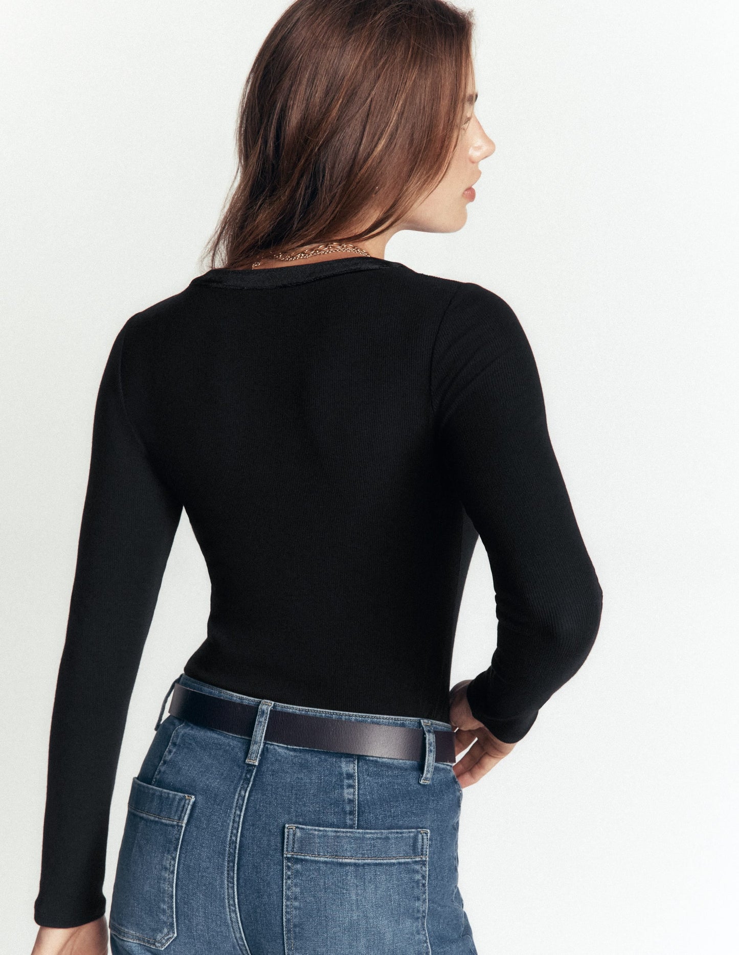 Velvet Trimmed V-Neck Top-Black