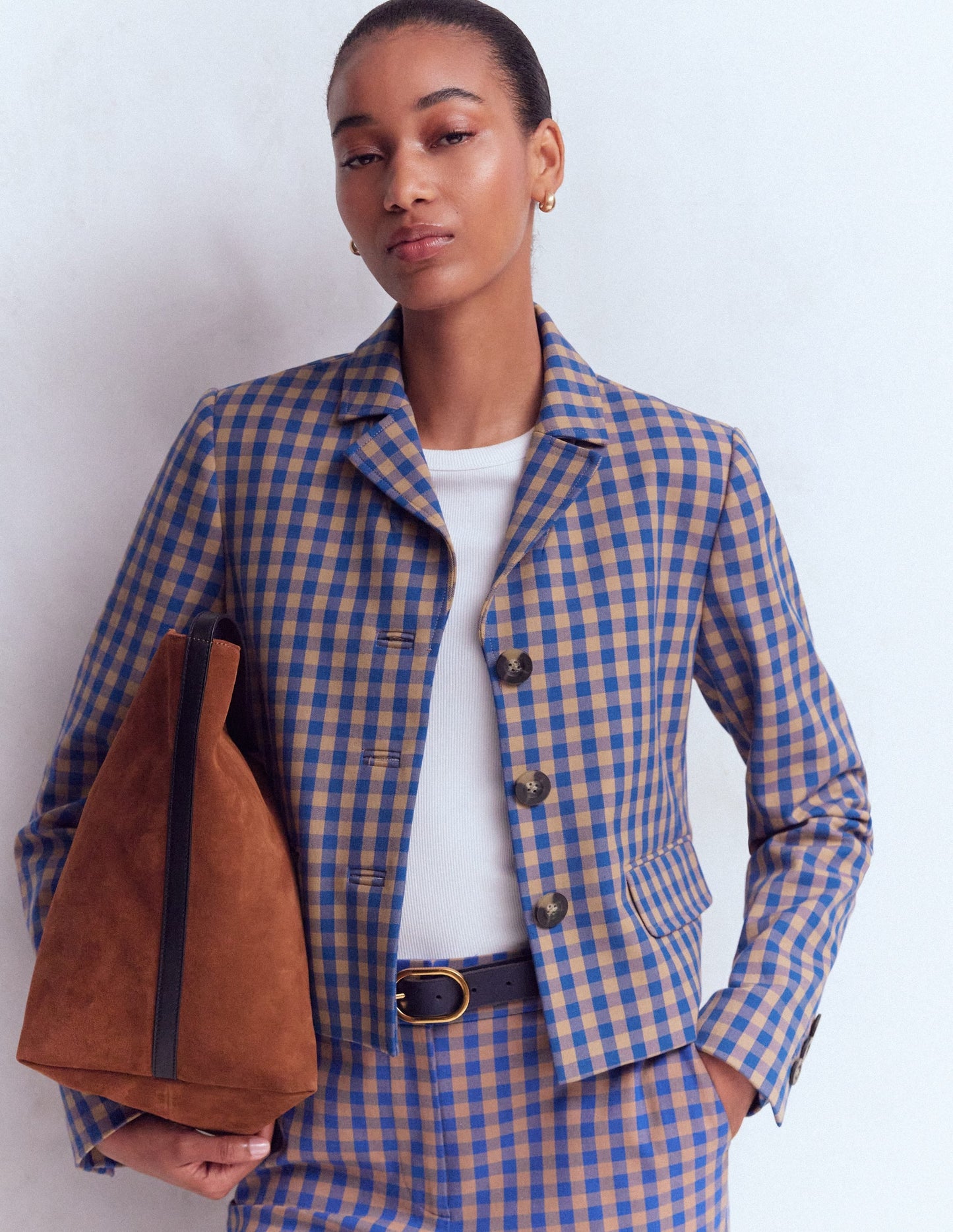 Dartmouth Cotton Blazer-Camel, Blue Gingham
