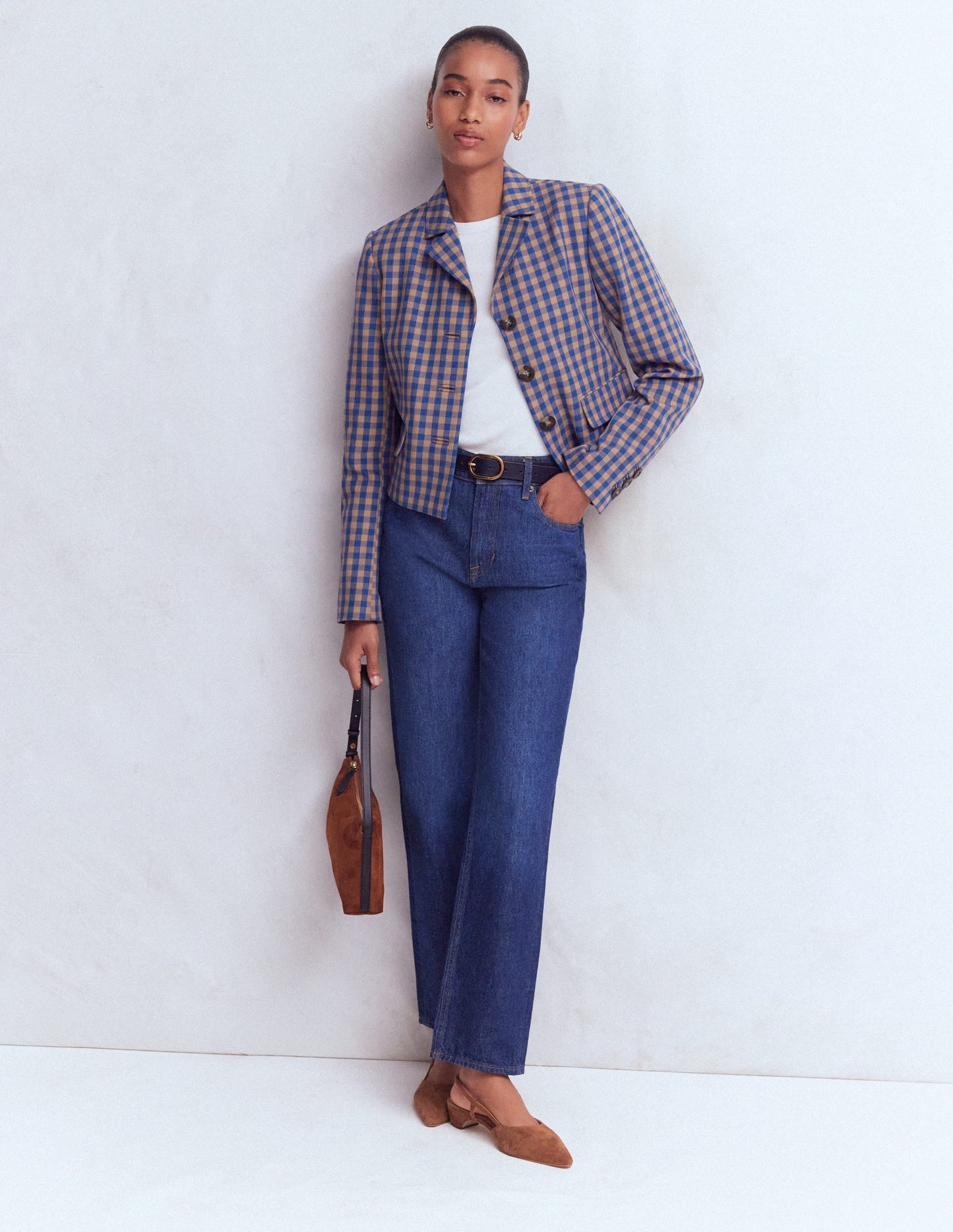 Dartmouth Cotton Blazer-Camel, Blue Gingham
