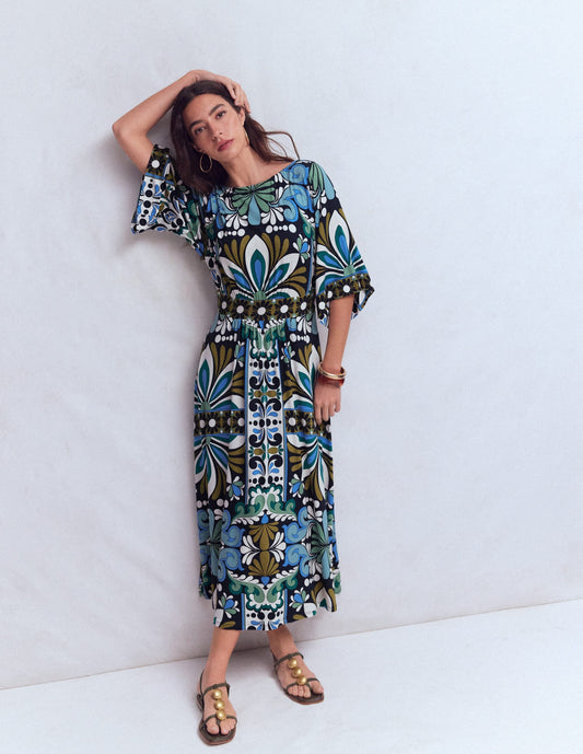 Imelda Kimono Jersey Dress-Navy, Bloom Tapestry