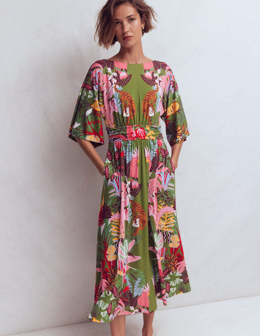 Imelda Kimono Jersey Dress-Olive, Tropical Safari
