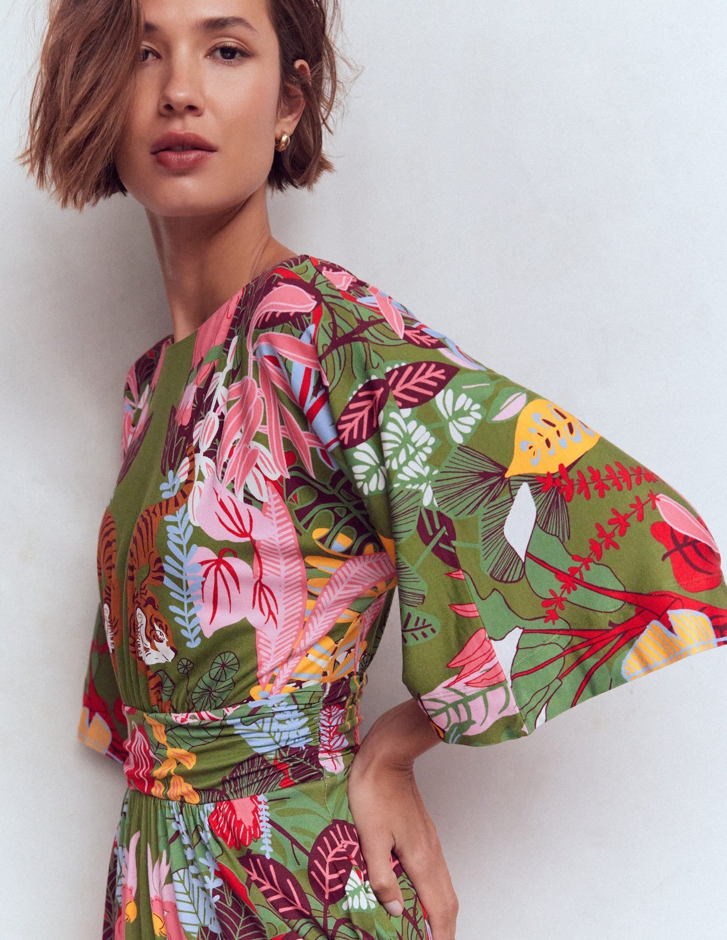 Imelda Kimono Jersey Dress-Olive, Tropical Safari