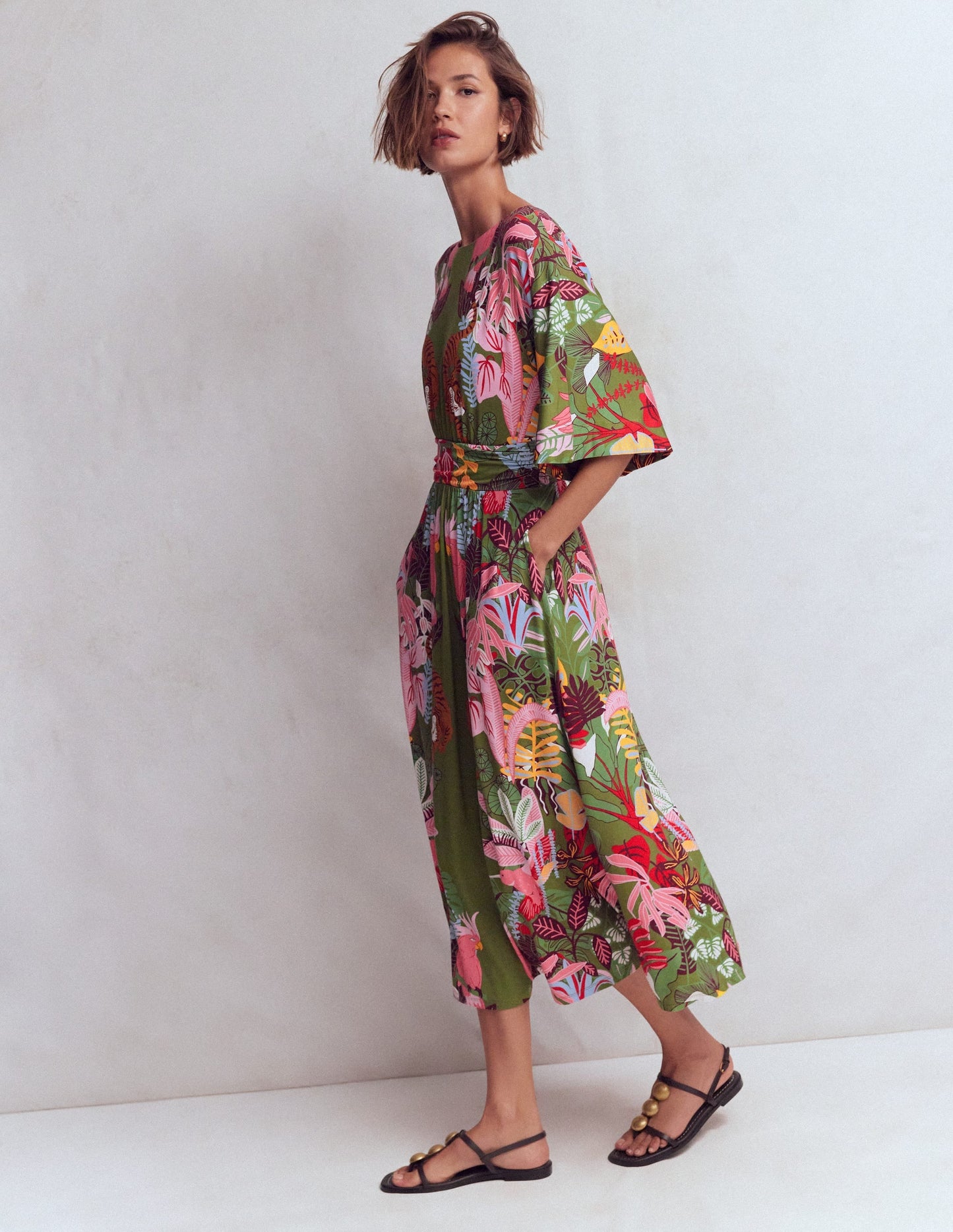 Imelda Kimono Jersey Dress-Olive, Tropical Safari