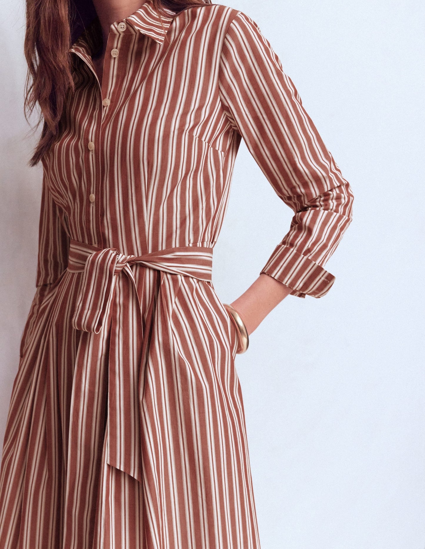 Alexa Cotton Midi Shirt Dress-Rich Chestnut Stripe