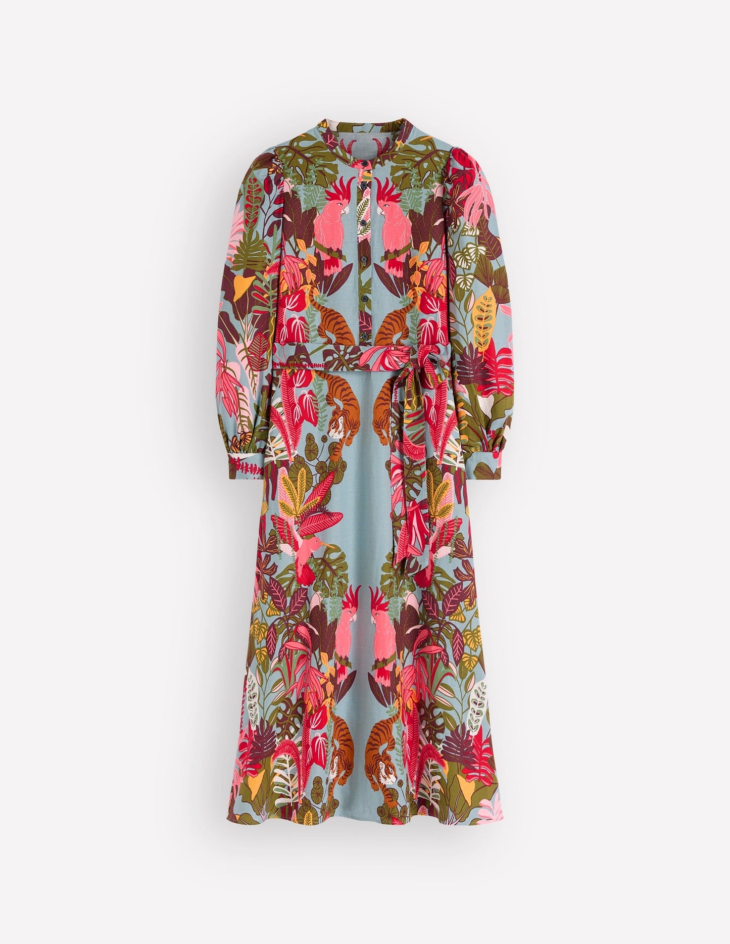 Ava Linen Blend Midi Dress-Blue Tropical Safari Placement